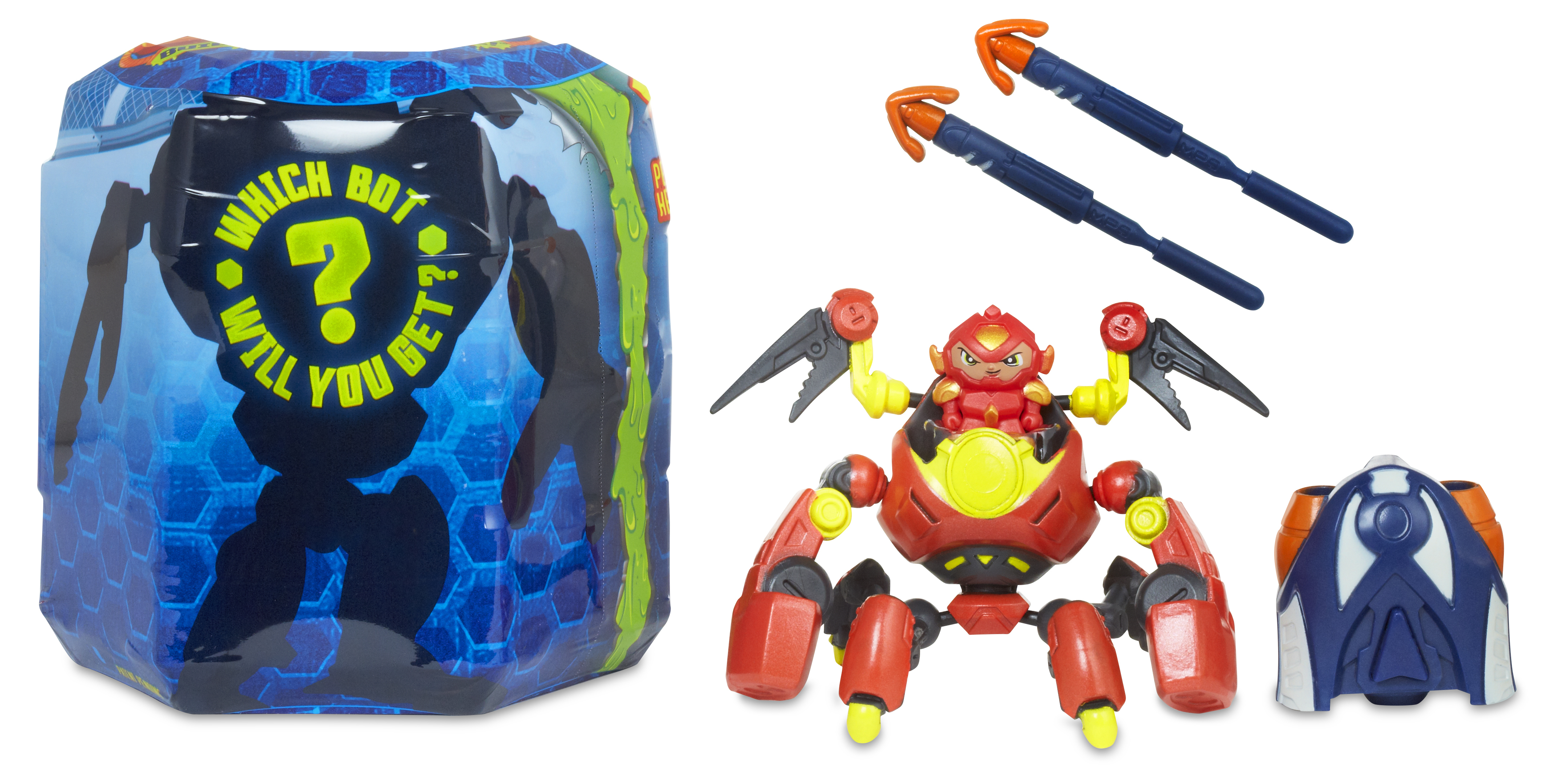 Ein Spielzeugset mit einer roboterartigen Figur, Zubehör und einer Verpackung mit der Aufschrift 'Which Bot Will You Get?'.