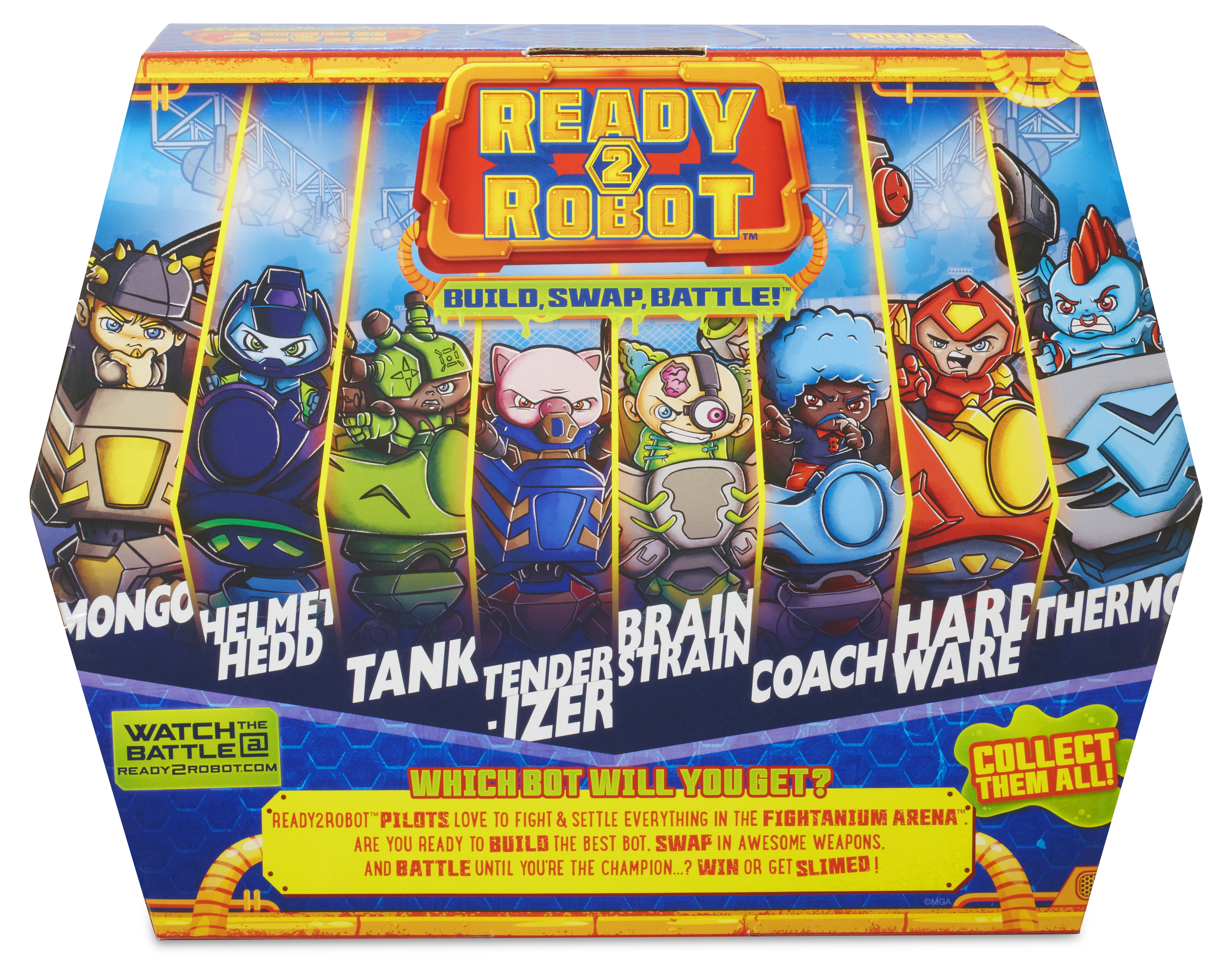 Boxkunst von Ready2Robot-Spielzeugen. Sieben verschiedene Roboter sind abgebildet. Text befindet sich in der Box.