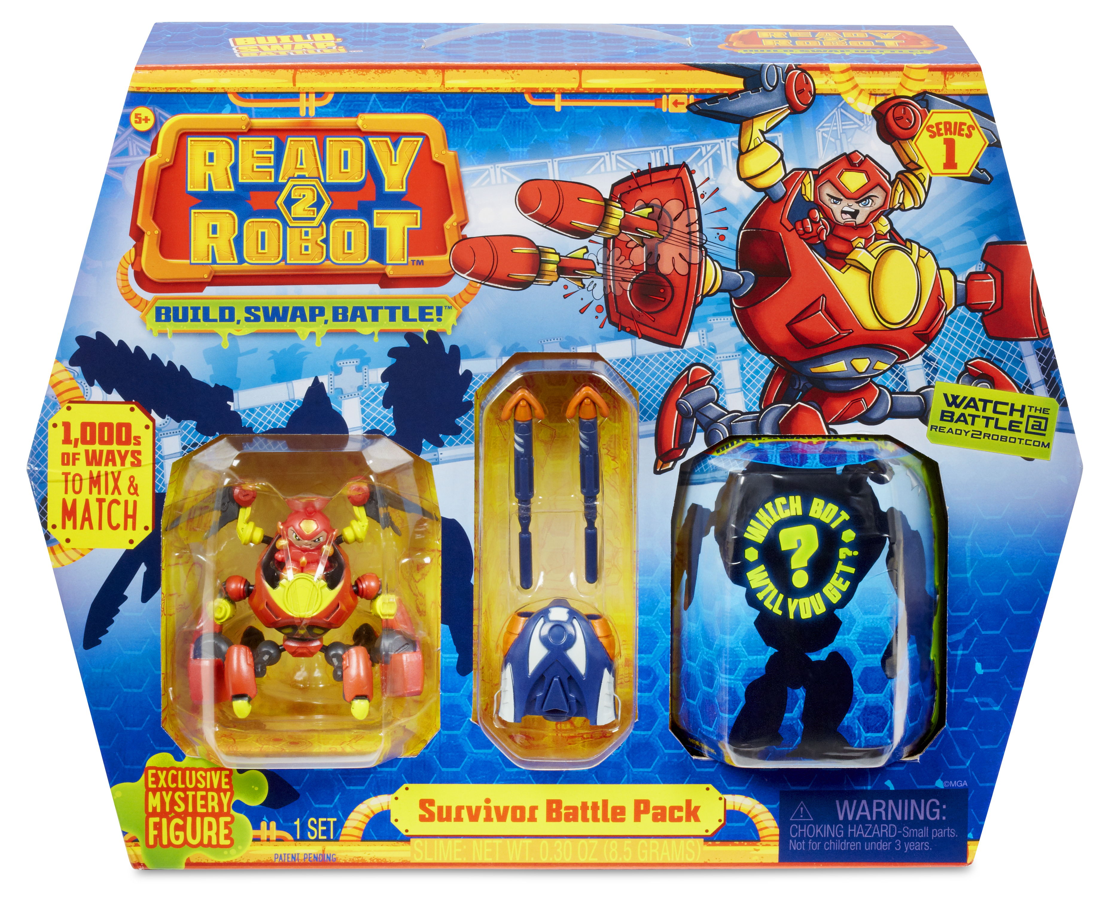 Ready2Robot Survivor Battle Pack Spielzeugkiste. Enthält einen roten Roboter, Roboterteile und einen Bereich 'Welchen Bot bekommst du?'.