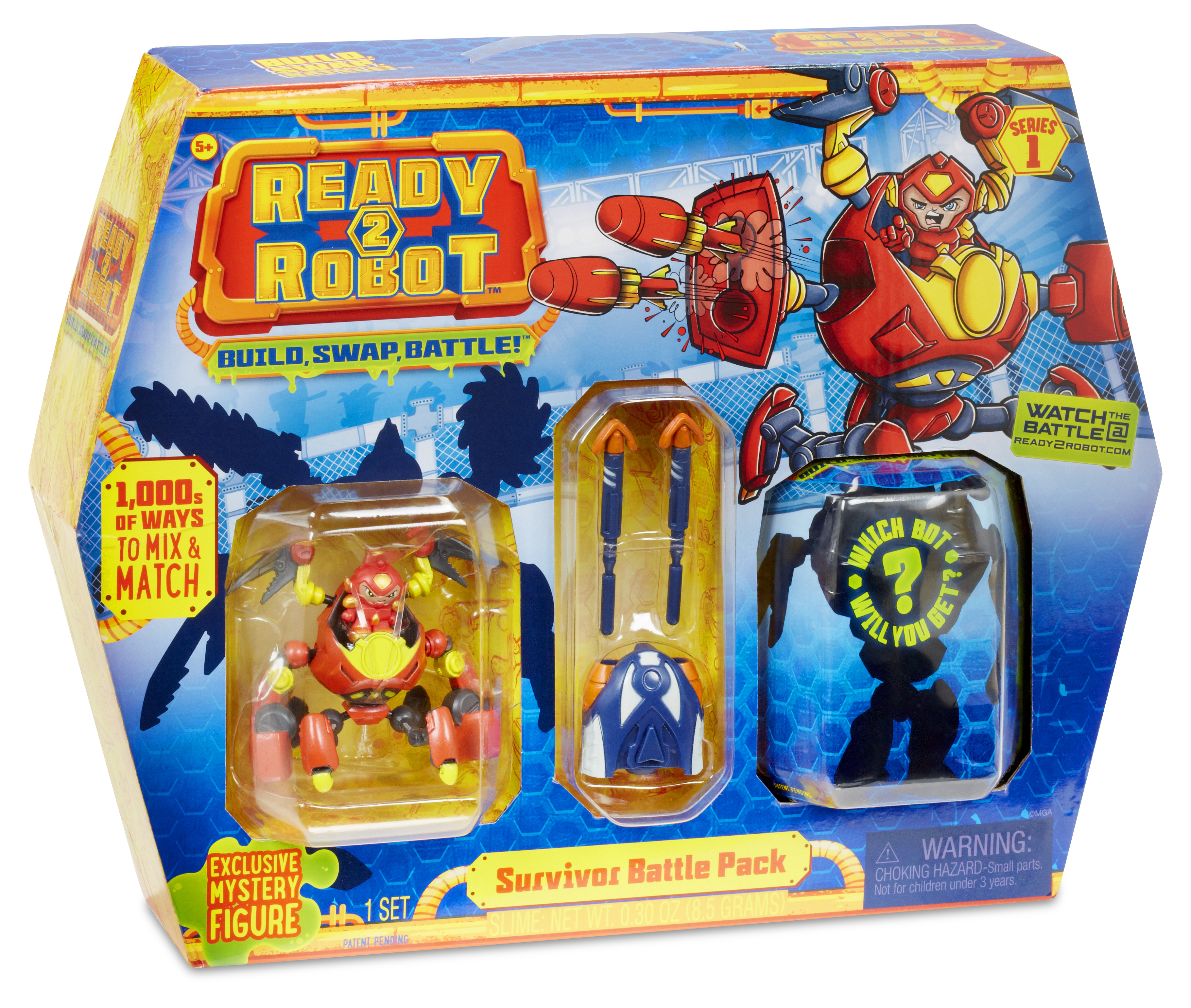 Verpacktes Ready2Robot-Spielzeugset mit Roboterfiguren und Zubehör. Helle Farben, actionorientierte Grafiken, Text: Bauen, Tauschen, Kämpfen!
