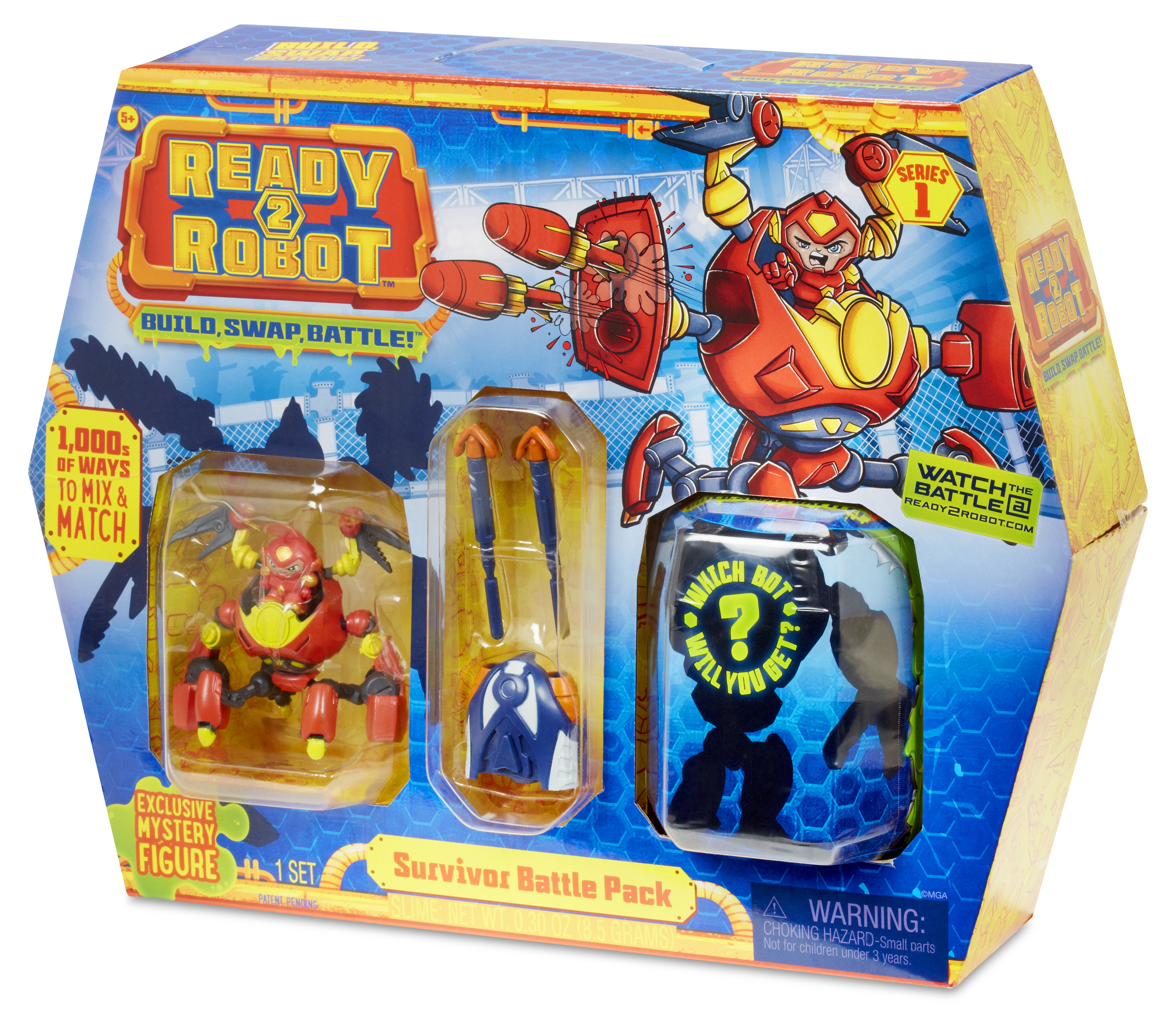 Eine Spielzeugroboter-Bausatzbox. Sie enthält Roboterfiguren und Zubehör. Auf der Box steht 'Ready 2 Robot' und 'Survivor Battle Pack'.