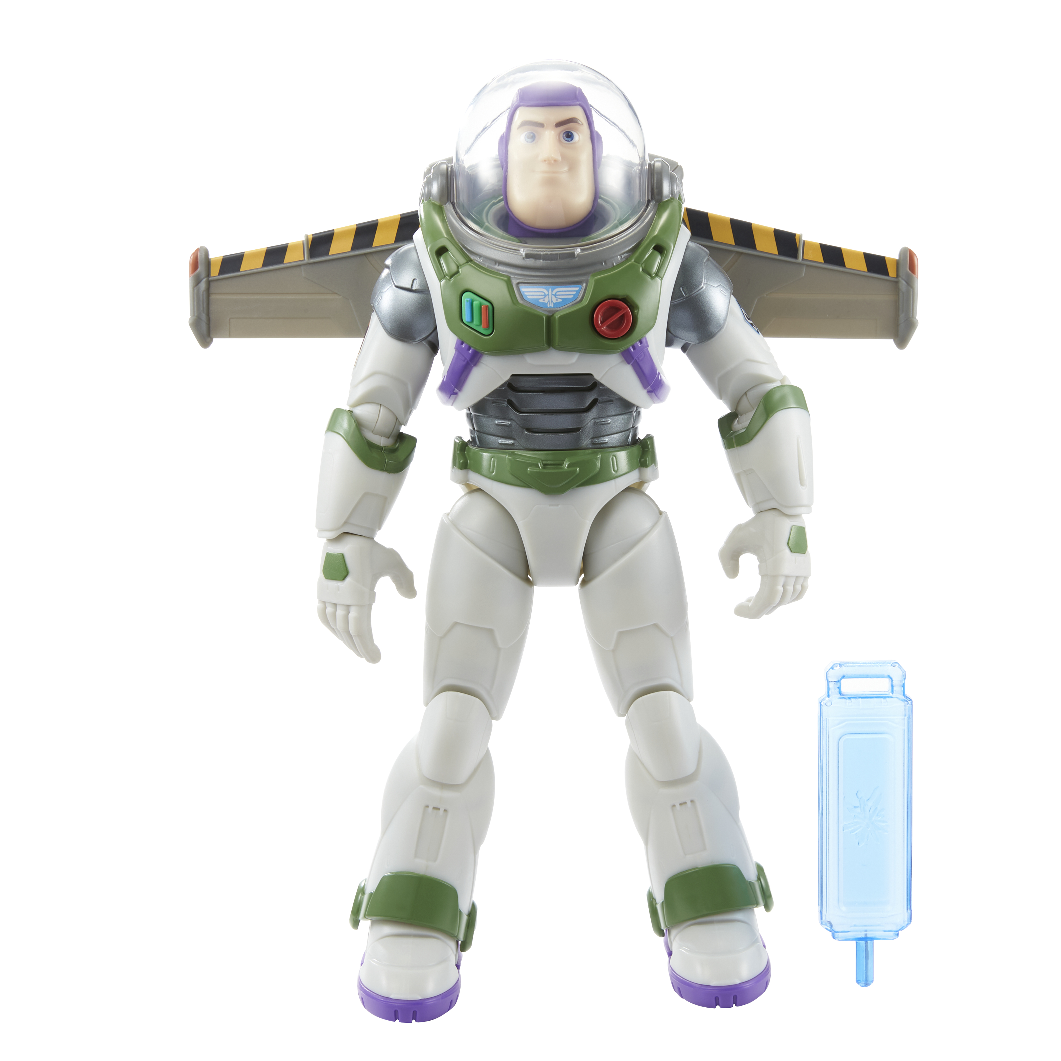 Una action figure di Buzz Lightyear. Indossa un'uniforme bianca e verde e ha le ali. Tiene in mano un oggetto blu.