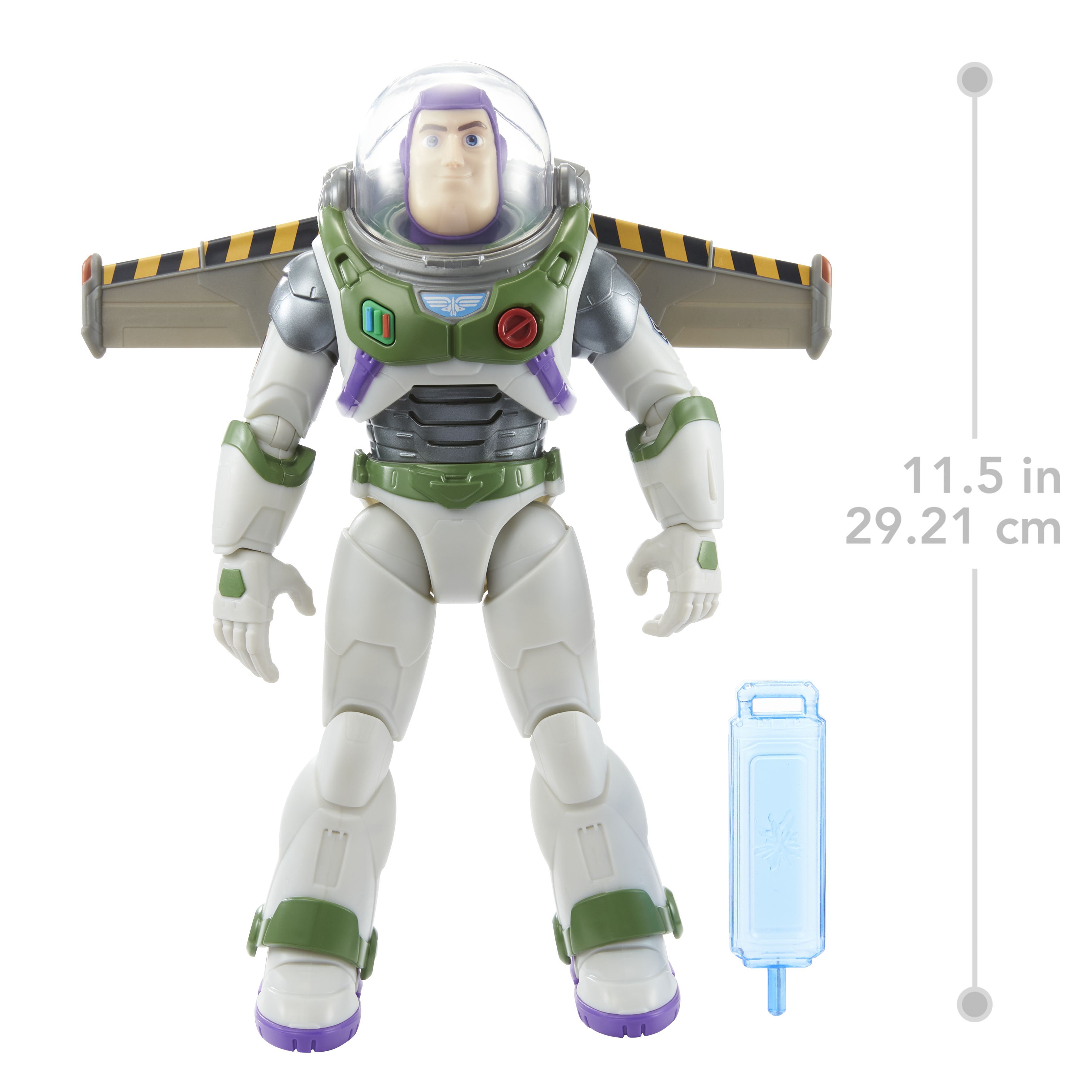 Action figure di Buzz Lightyear. Tuta bianca, verde e viola con ali. Elmetto trasparente. Contenitore blu.