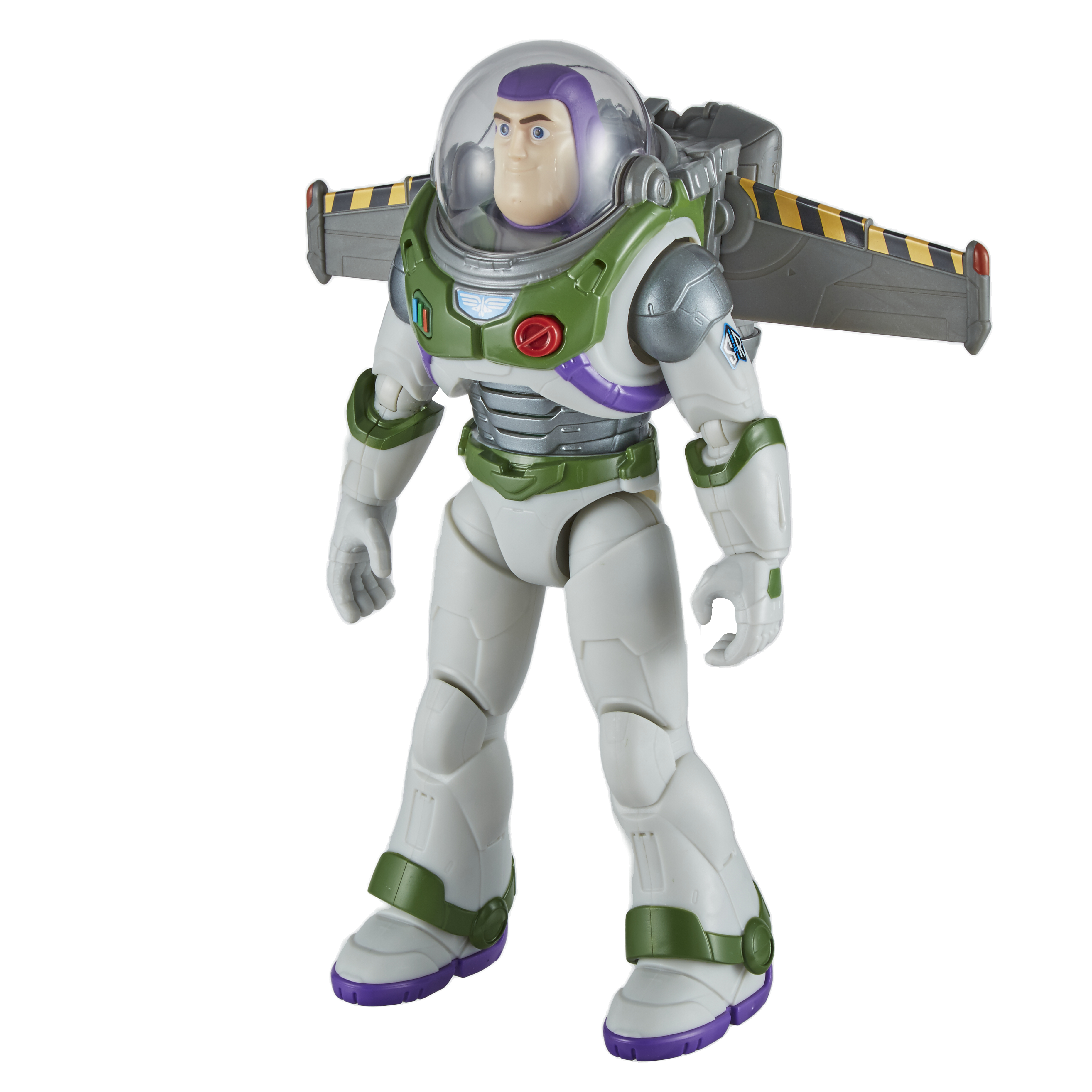 Figura giocattolo di Buzz Lightyear in tuta spaziale bianca, dettagli verdi, casco trasparente, jetpack e ali. Isolato su sfondo bianco.