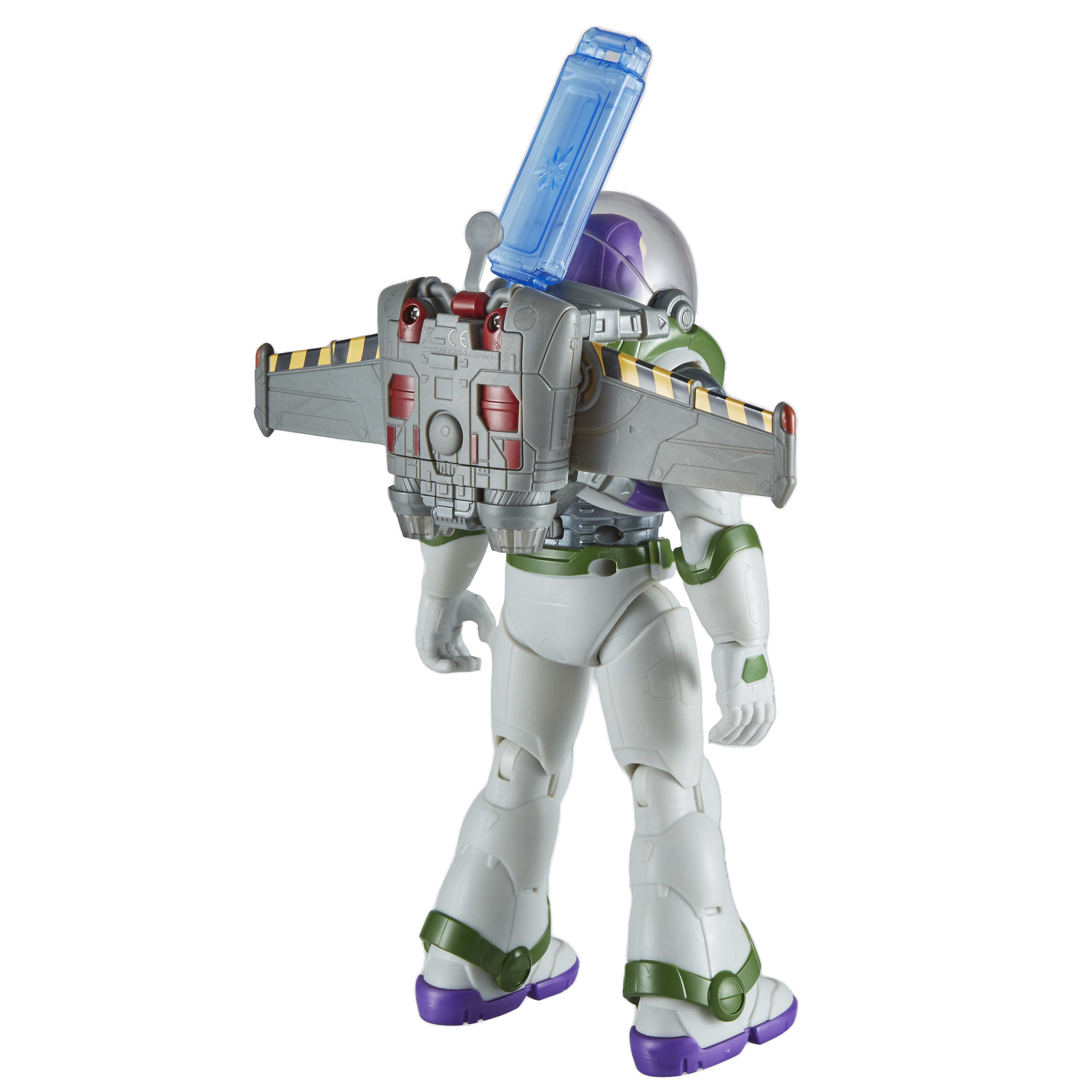 Il retro di una action figure di Buzz Lightyear. Ha le ali e un jetpack. Le ali hanno strisce nere e gialle.
