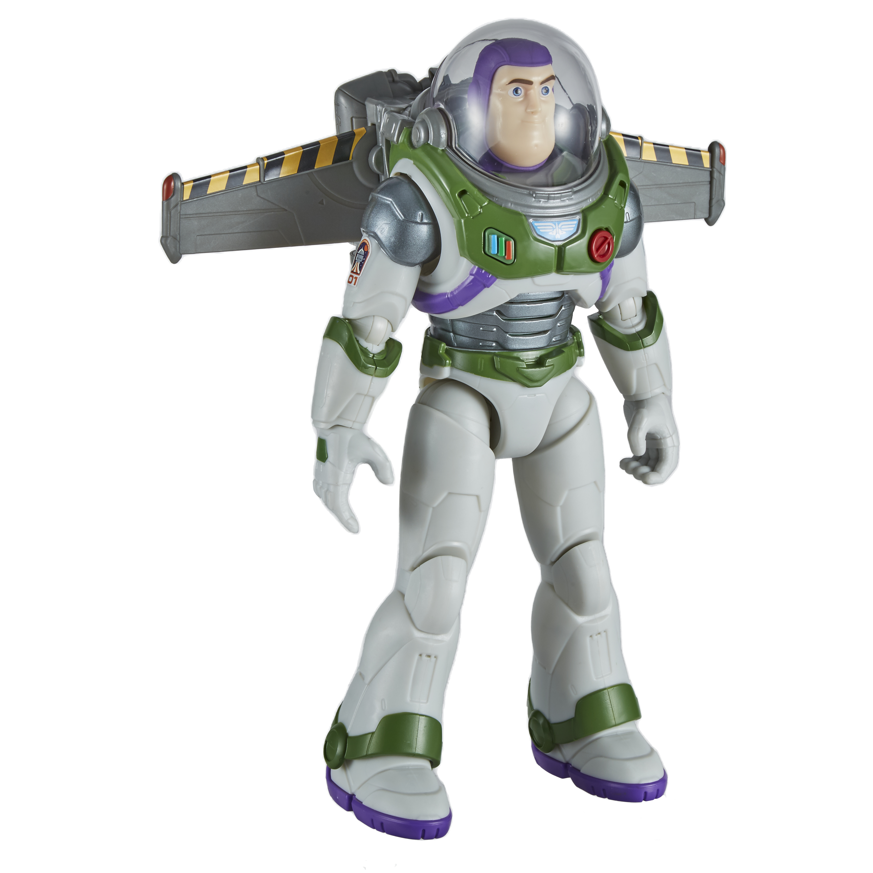 Action figure di Buzz Lightyear in tuta spaziale bianca e verde con ali e un casco trasparente.