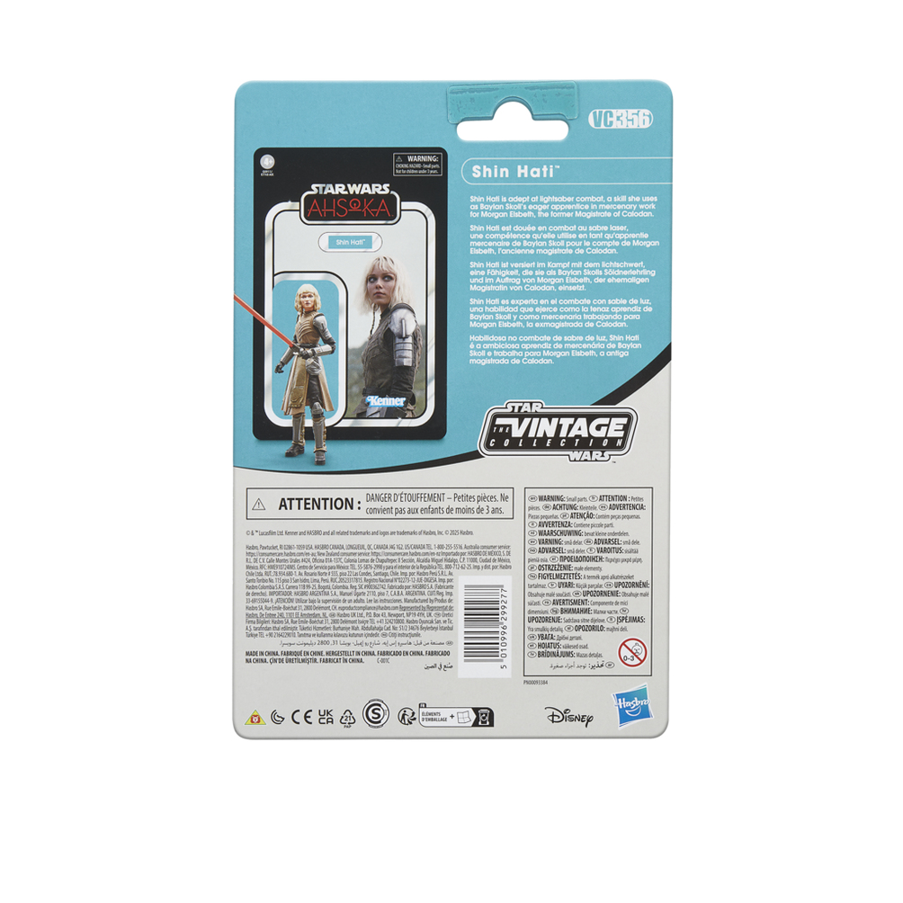 Figurka akcji Shin Hati z Gwiezdnych Wojen z mieczem świetlnym, na opakowaniu produktu z tekstem.