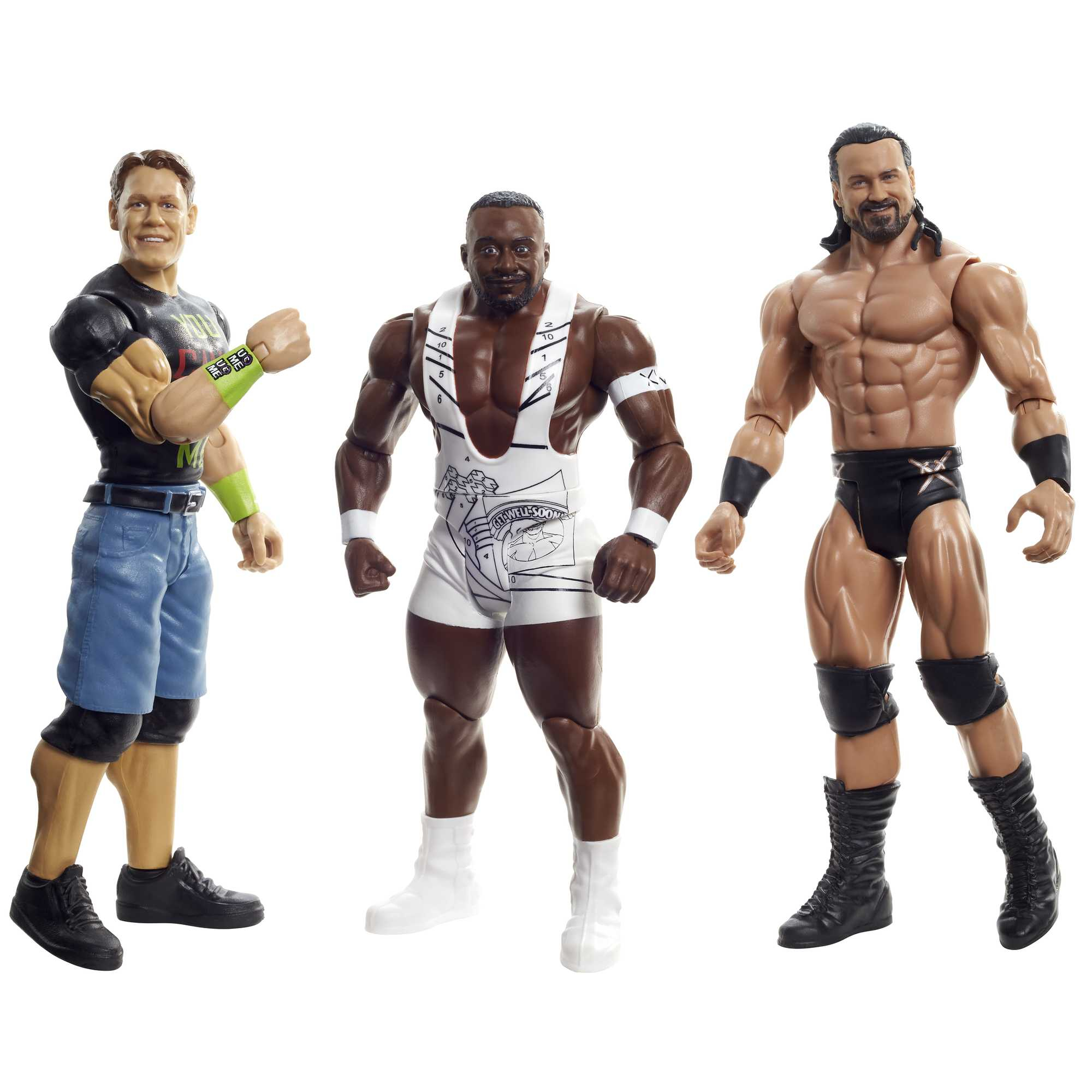 Tres figuras de acción de lucha libre. John Cena, Big E y Adam Cole. Cada uno con atuendo de lucha libre.
