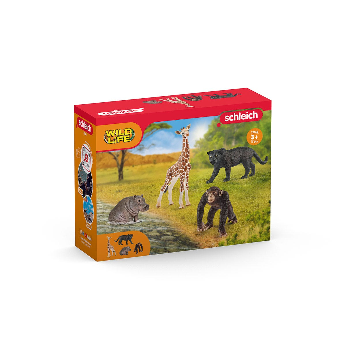 Ein Spielzeugset mit Schleich Wild Life Figuren. Enthält eine Giraffe, ein Nilpferd, einen Schimpansen und einen Panther.