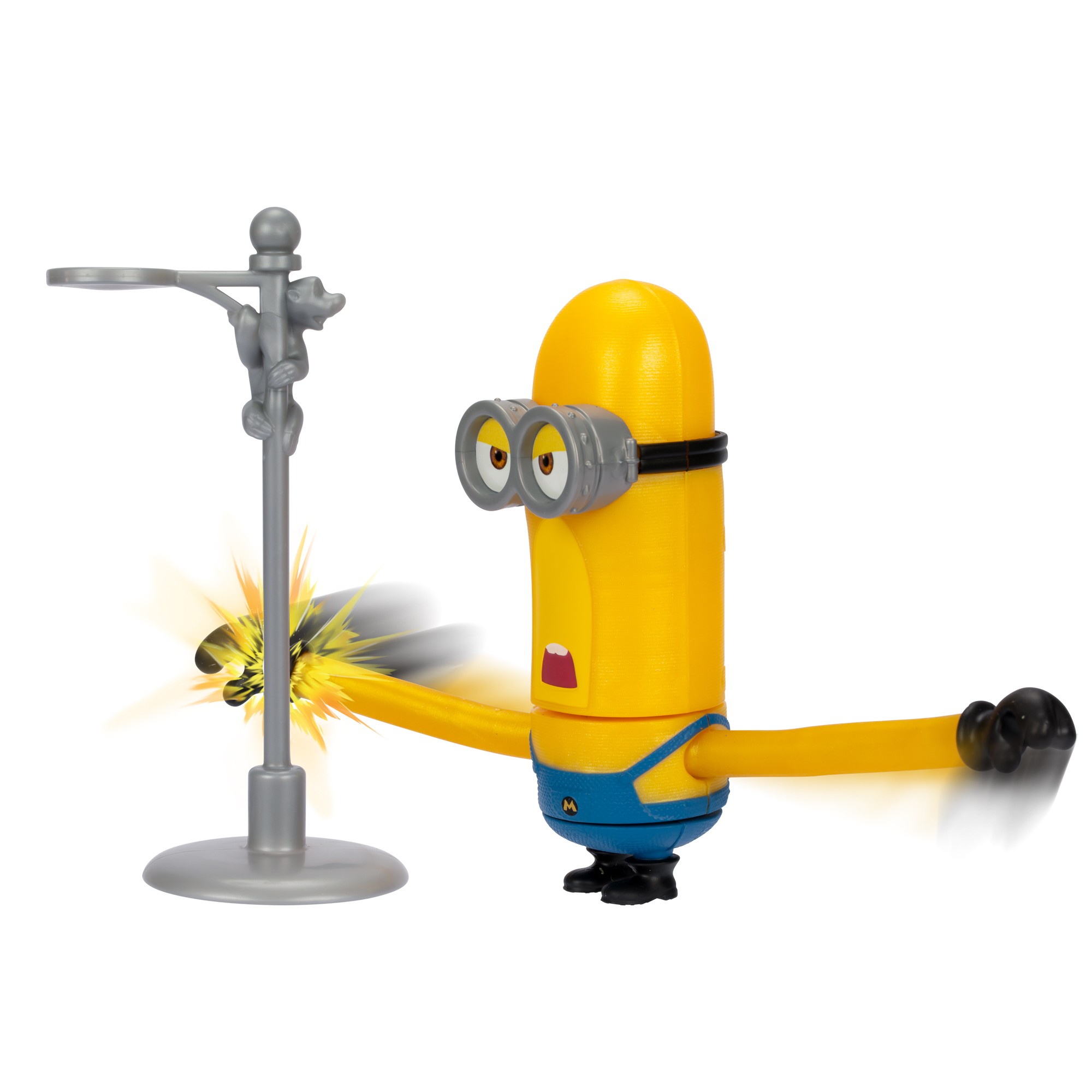 Giocattolo Minion giallo, braccia aperte, sguardo scioccato. Un palo d'argento scintilla di elettricità.