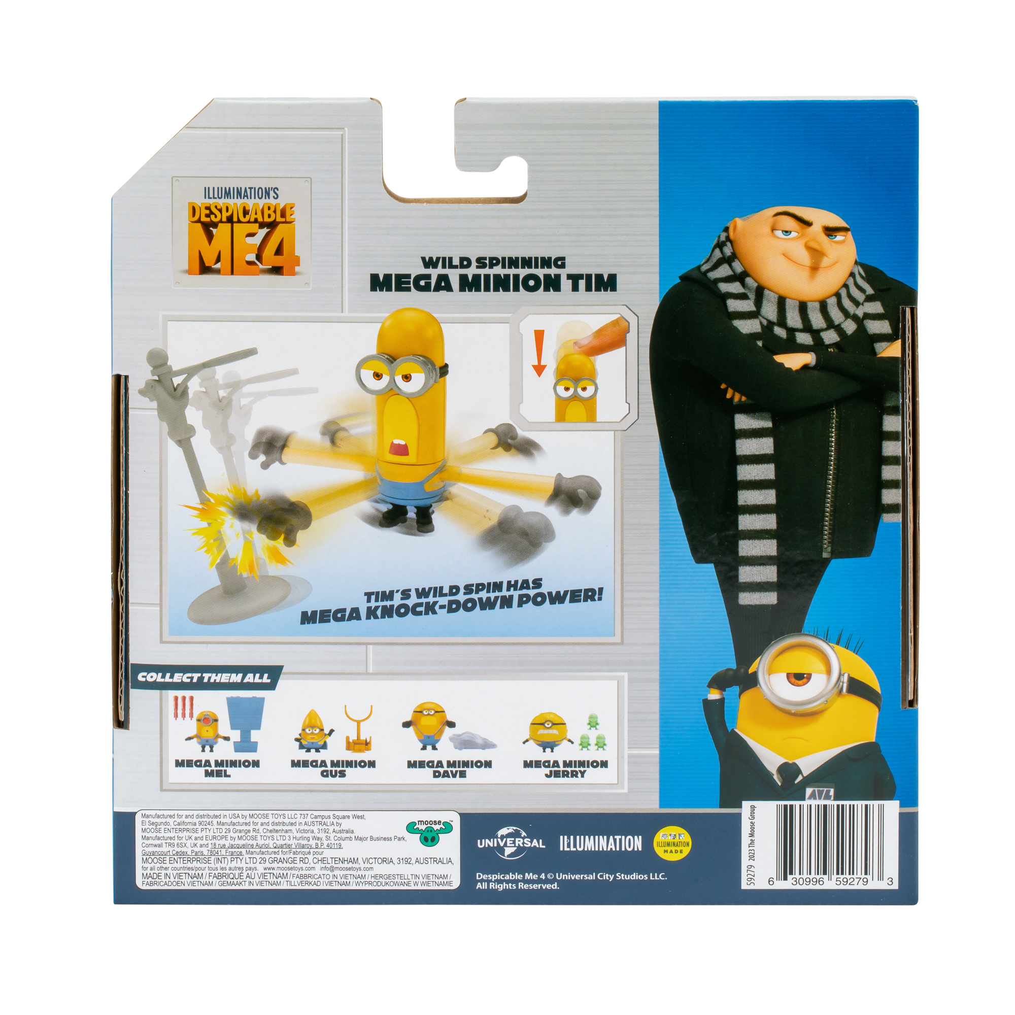 Retro di una scatola di giocattoli che mostra i minions e il testo.