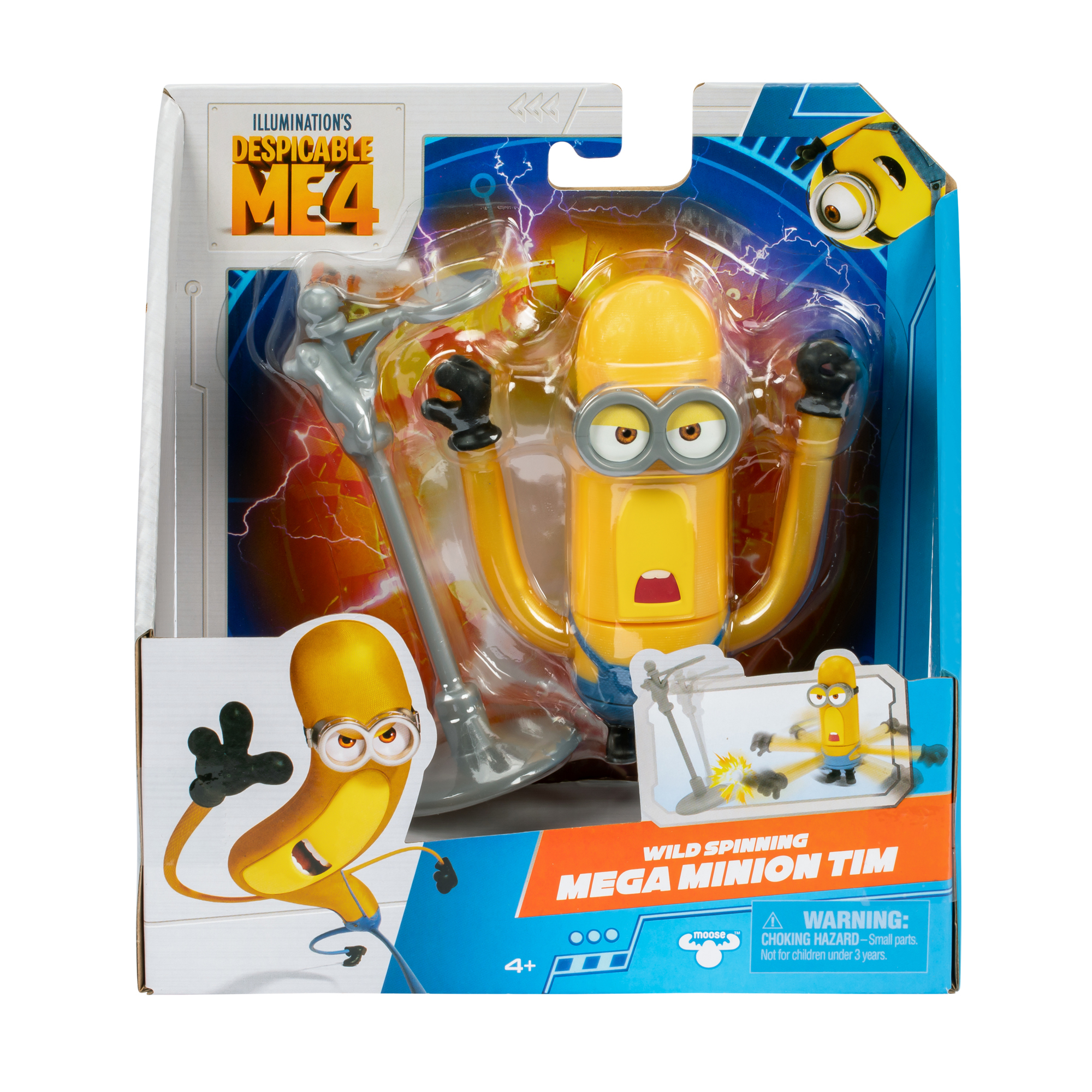 Un giocattolo in scatola che mostra un Minion giallo, di Cattivissimo Me 4, che tiene un palo e un giocattolo rotante.