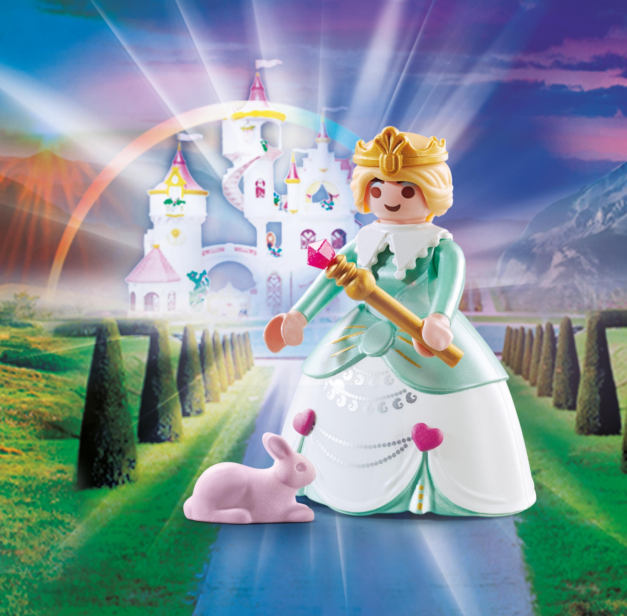 Eine Prinzessinnenfigur mit einem Schloss im Hintergrund. Ein rosa Kaninchen ist im Vordergrund.