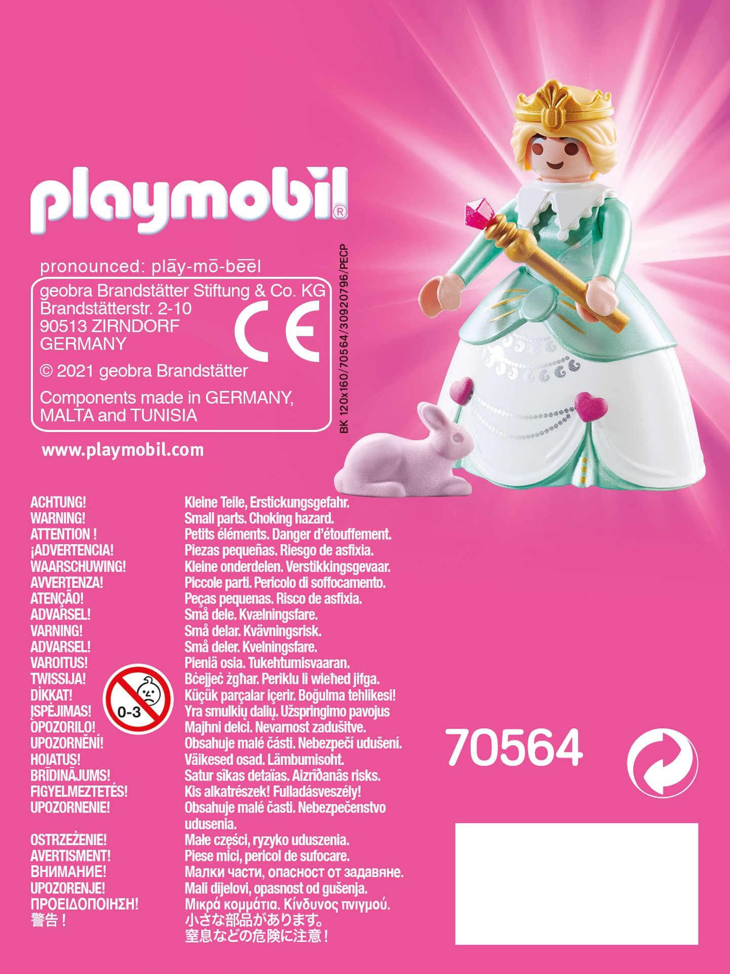 Eine Playmobil-Prinzessinnenfigur mit goldenem Diadem, grünem Kleid und einem kleinen Hasen.