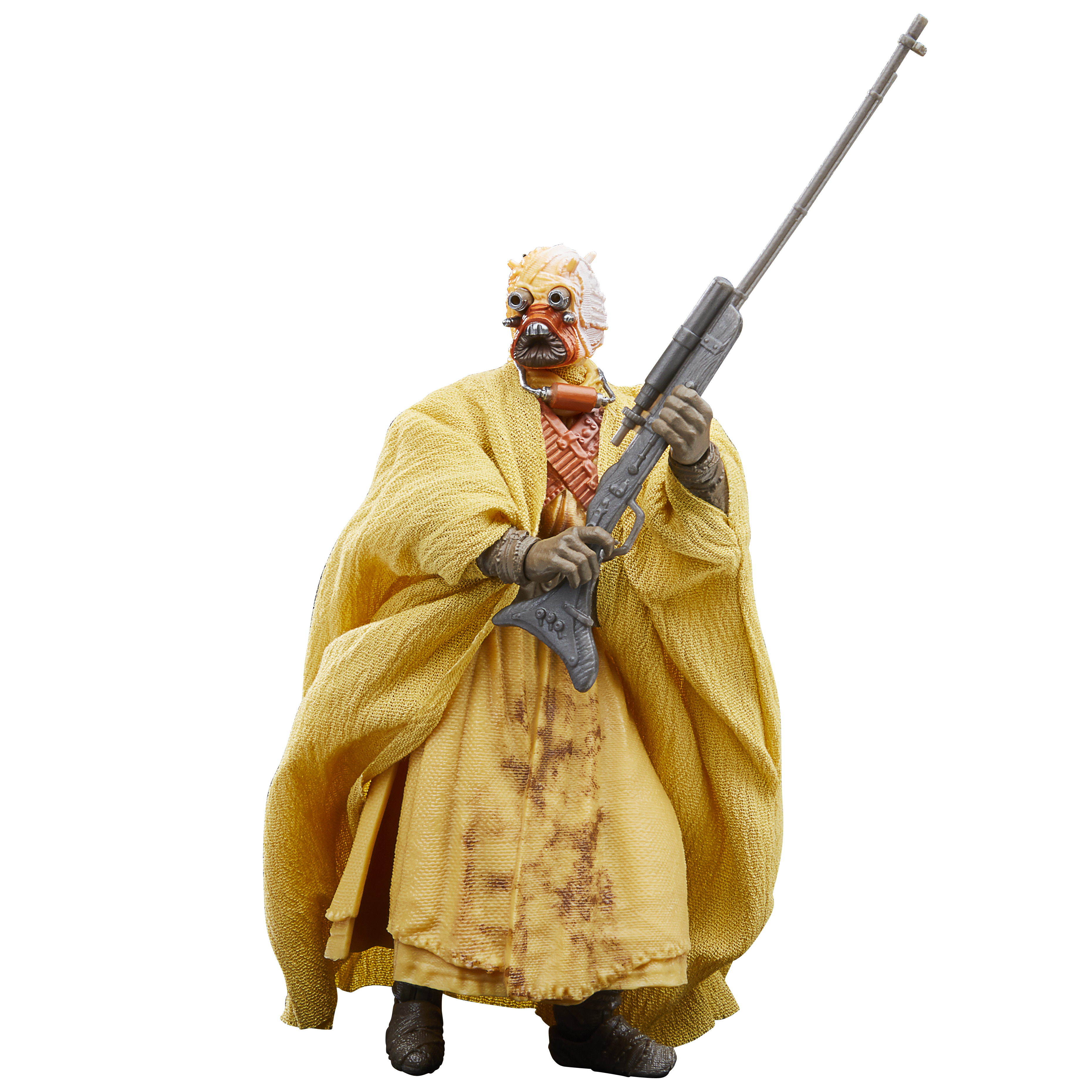 Una figura di Star Wars con una tunica gialla che tiene un fucile blaster.