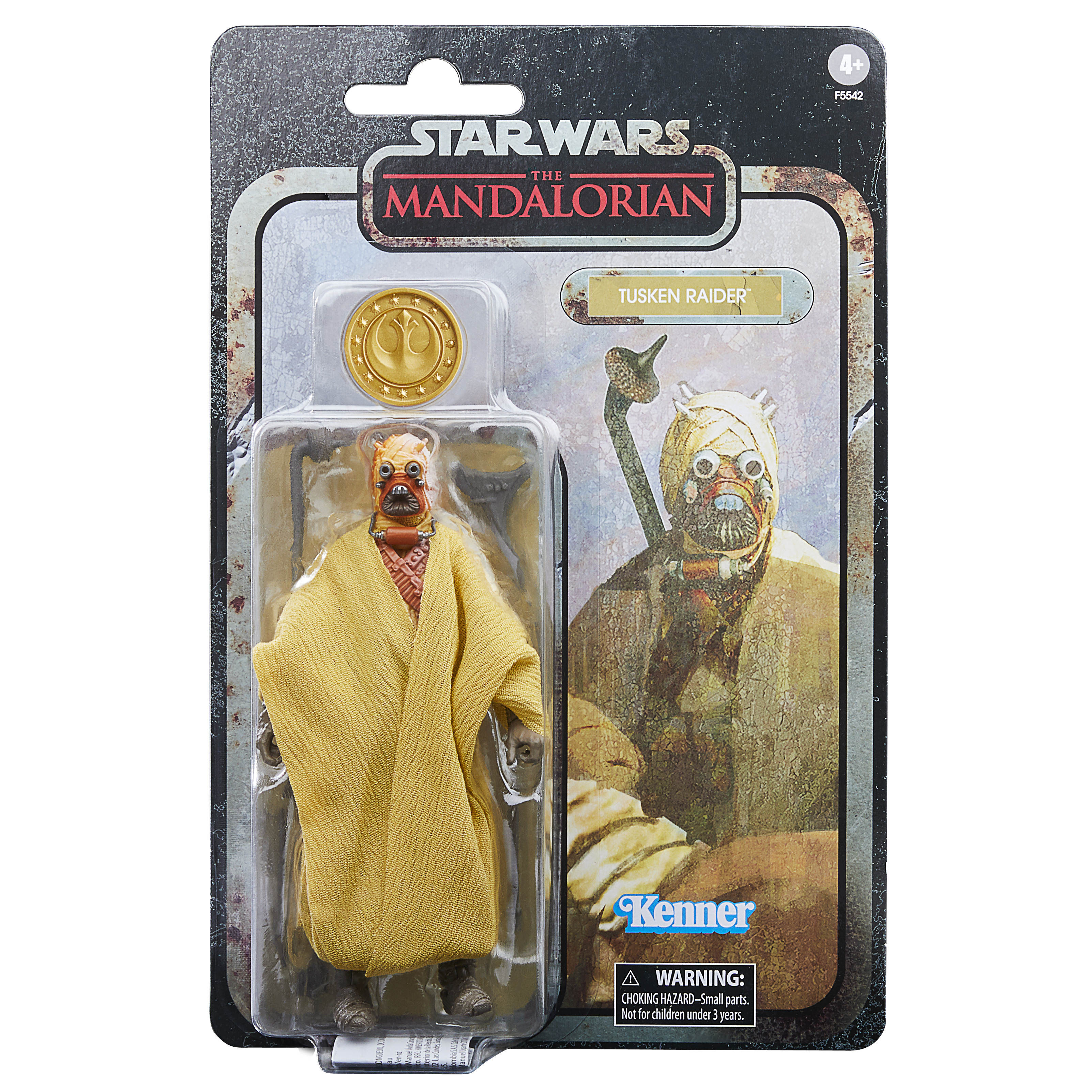 Figura di Star Wars Tusken Raider nella confezione. Colori beige e marrone chiaro. La figura è in un astuccio di plastica.