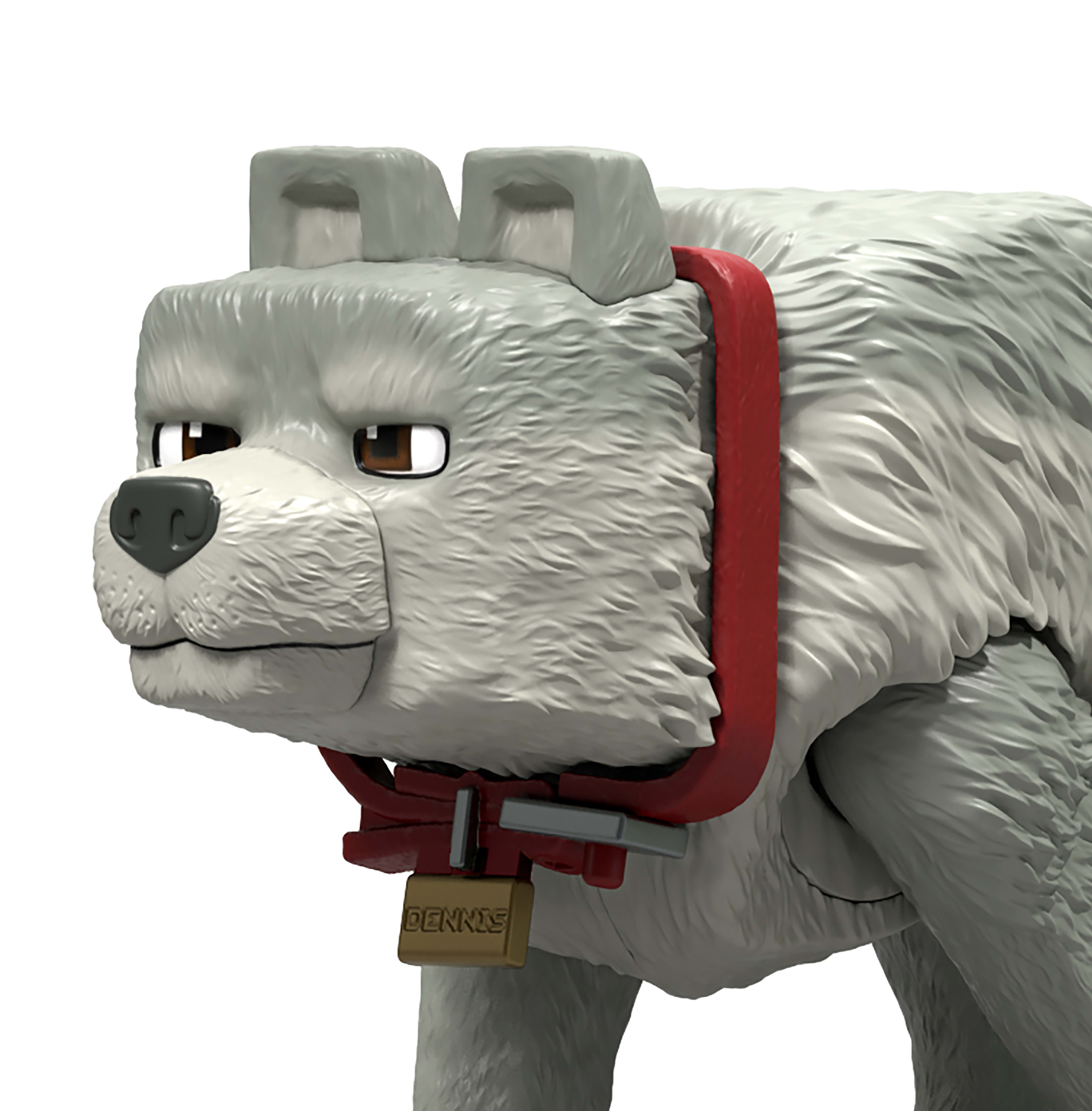 Primo piano di un lupo giocattolo di Minecraft, Dennis. Il lupo ha un collare rosso con una targhetta.