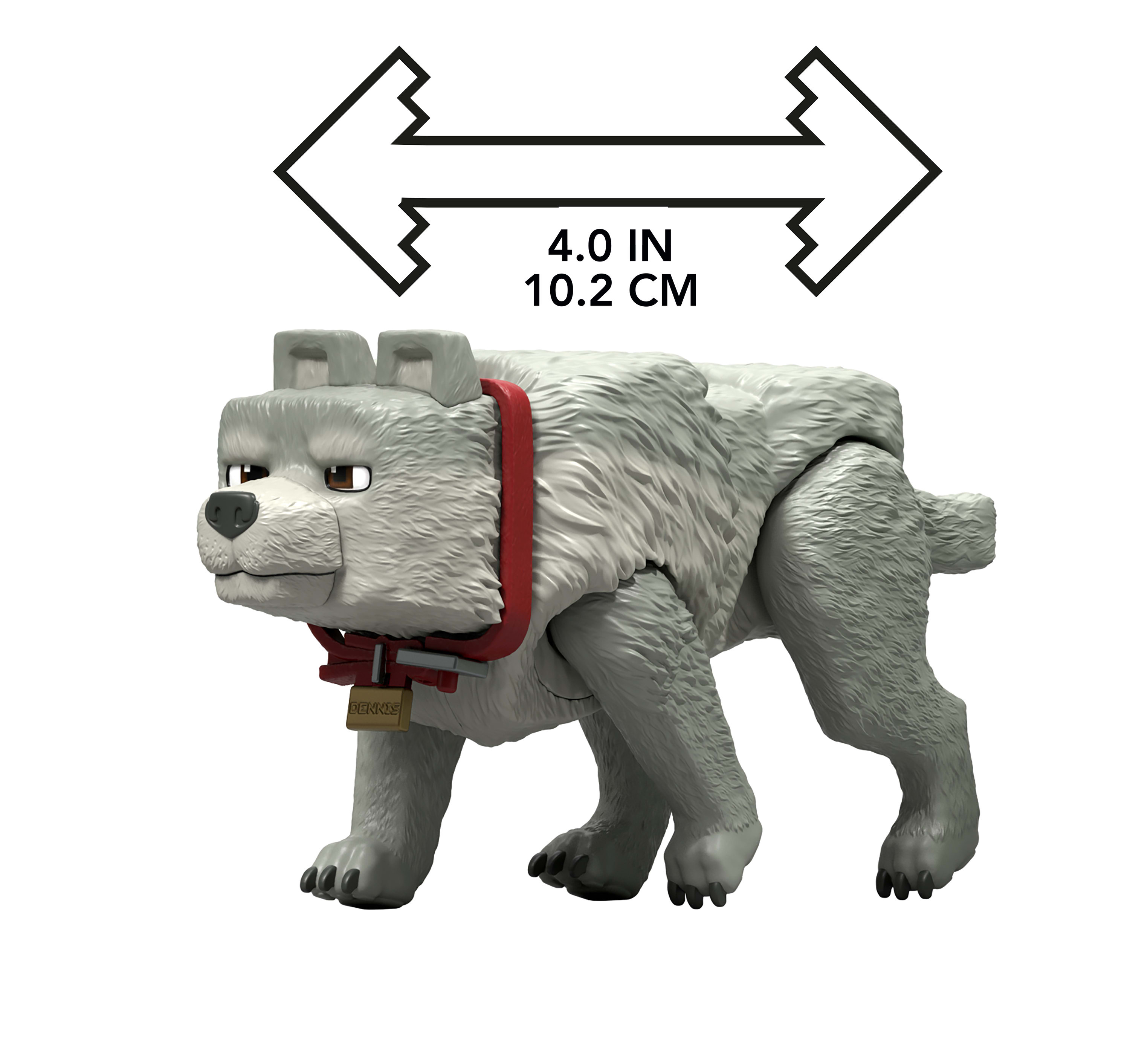 Un lupo giocattolo Minecraft, Dennis, con un collare rosso. Le frecce indicano la sua misura: 4,0 pollici / 10,2 cm.