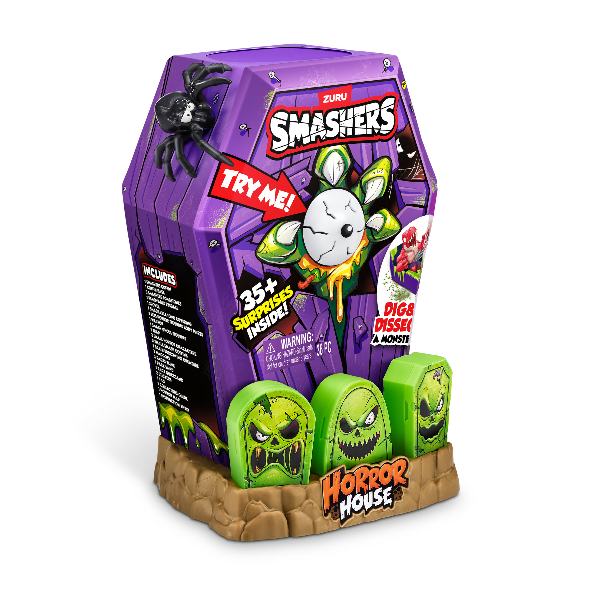 Fioletowe pudełko w kształcie trumny z pająkiem na górze, trzema zielonymi nagrobkami i grafiką potwora.