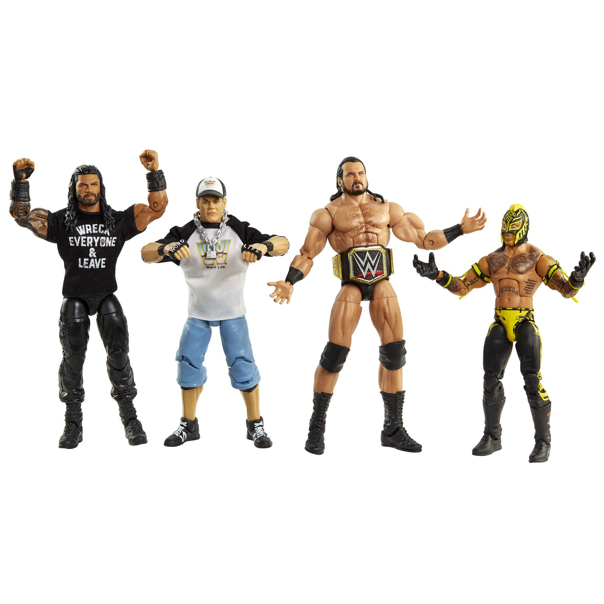 Cuatro figuras de acción de lucha en varias poses, con diferentes atuendos, sobre fondo blanco.