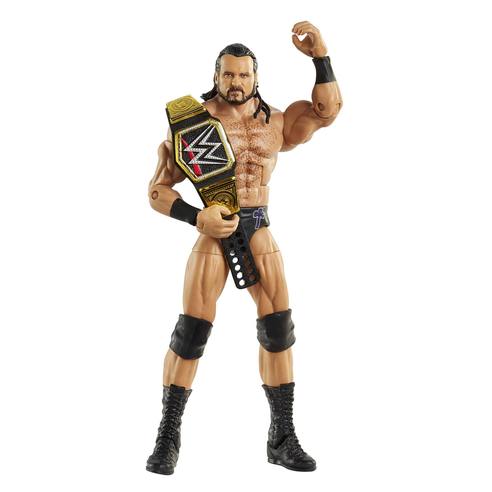 Figura de acción de luchador con cinturón de campeonato, botas negras y rodilleras, de pie.