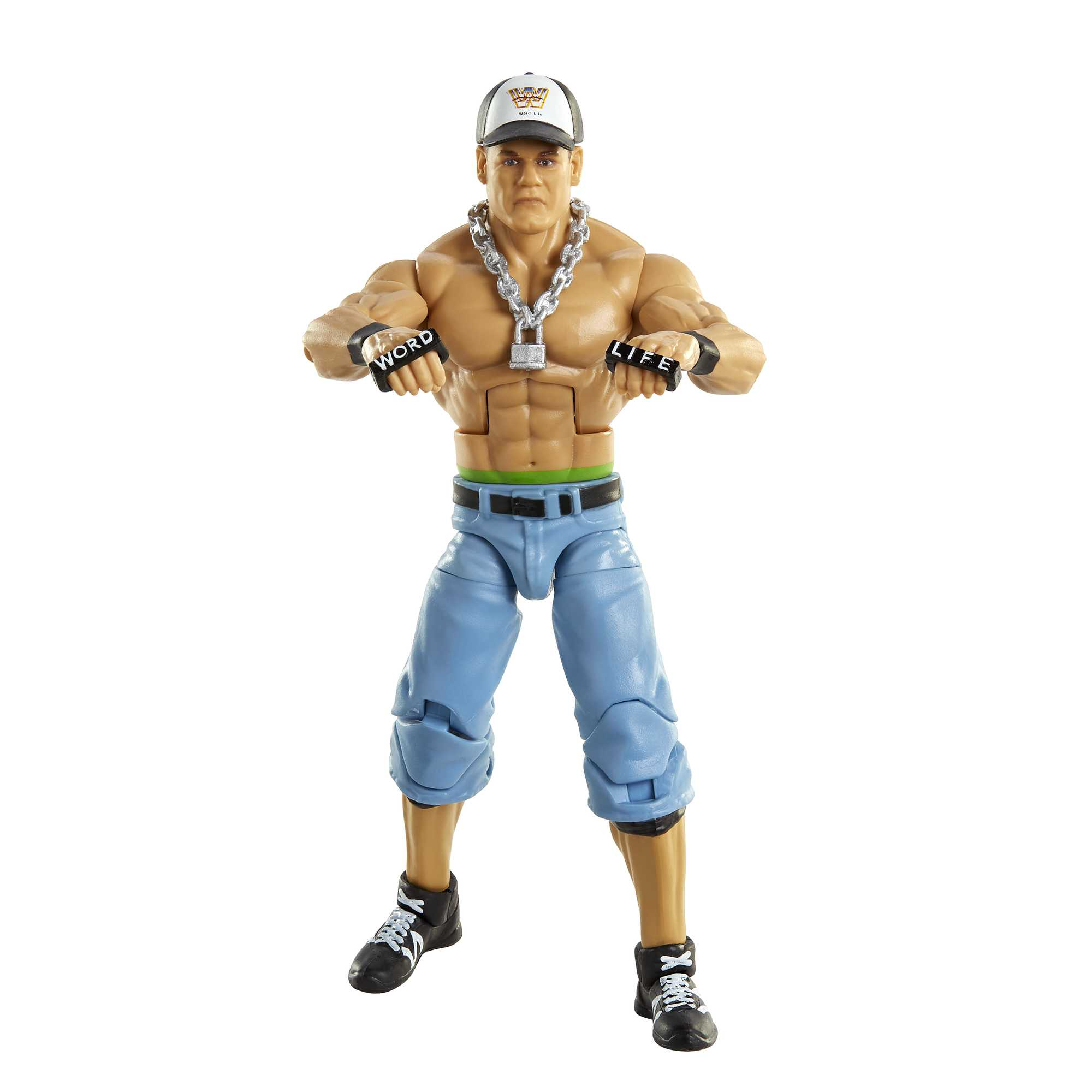 Figura de acción de un hombre con gorra, cadena y pantalones azules, posando, con 'WORD' y 'LIFE' en guantes.