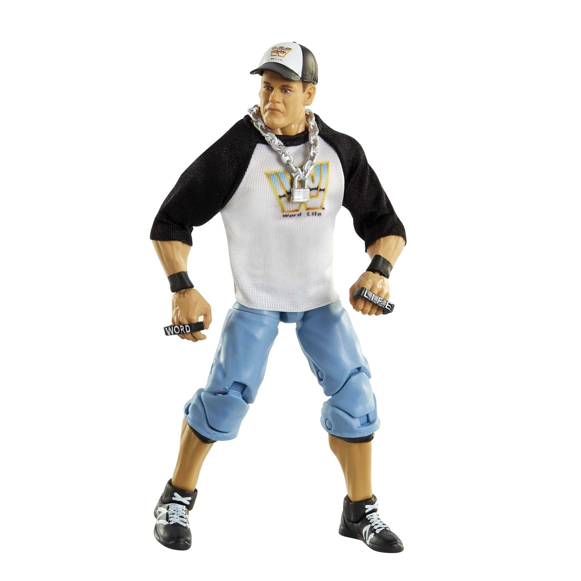 Figura de acción de un hombre con gorra de béisbol, collar y camisa blanca con pantalones azules.