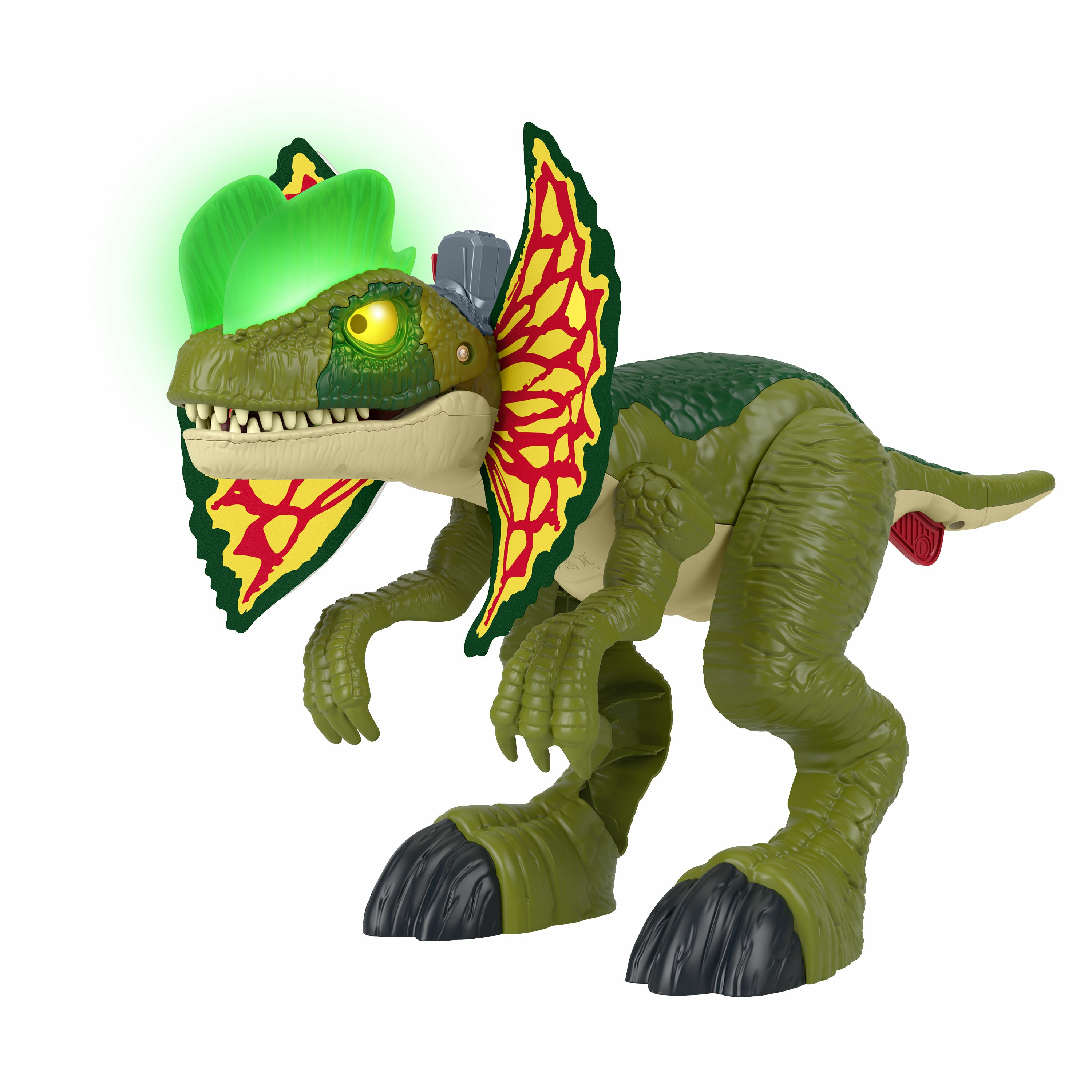Un giocattolo di dinosauro verde con una gorgiera rossa e gialla e un copricapo verde brillante, su sfondo bianco.