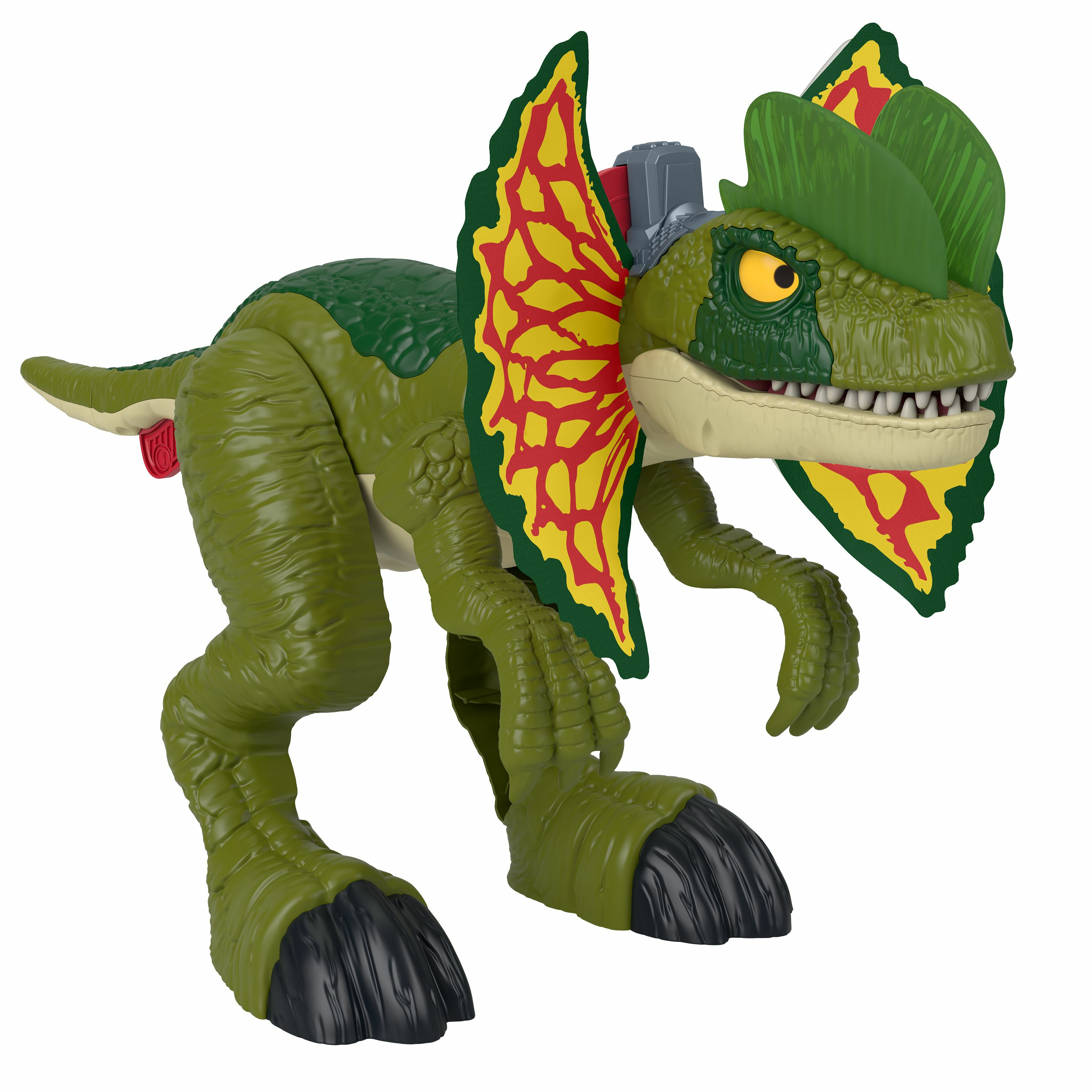 Giocattolo dinosauro verde con volant, dettagli gialli e rossi. Piedi neri, sfondo bianco.