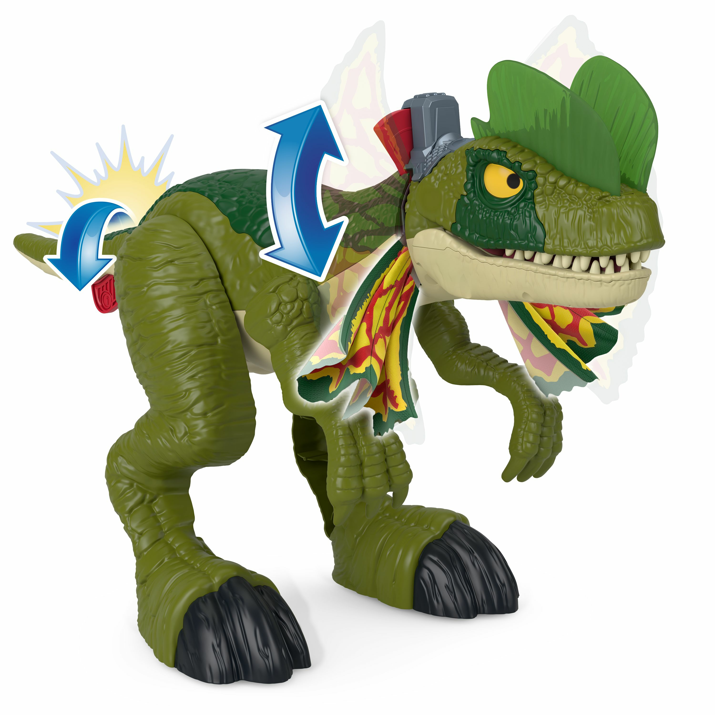 Giocattolo di dinosauro verde con frecce che indicano le parti in movimento. Volant rossi e gialli, dispositivo grigio sulla schiena.