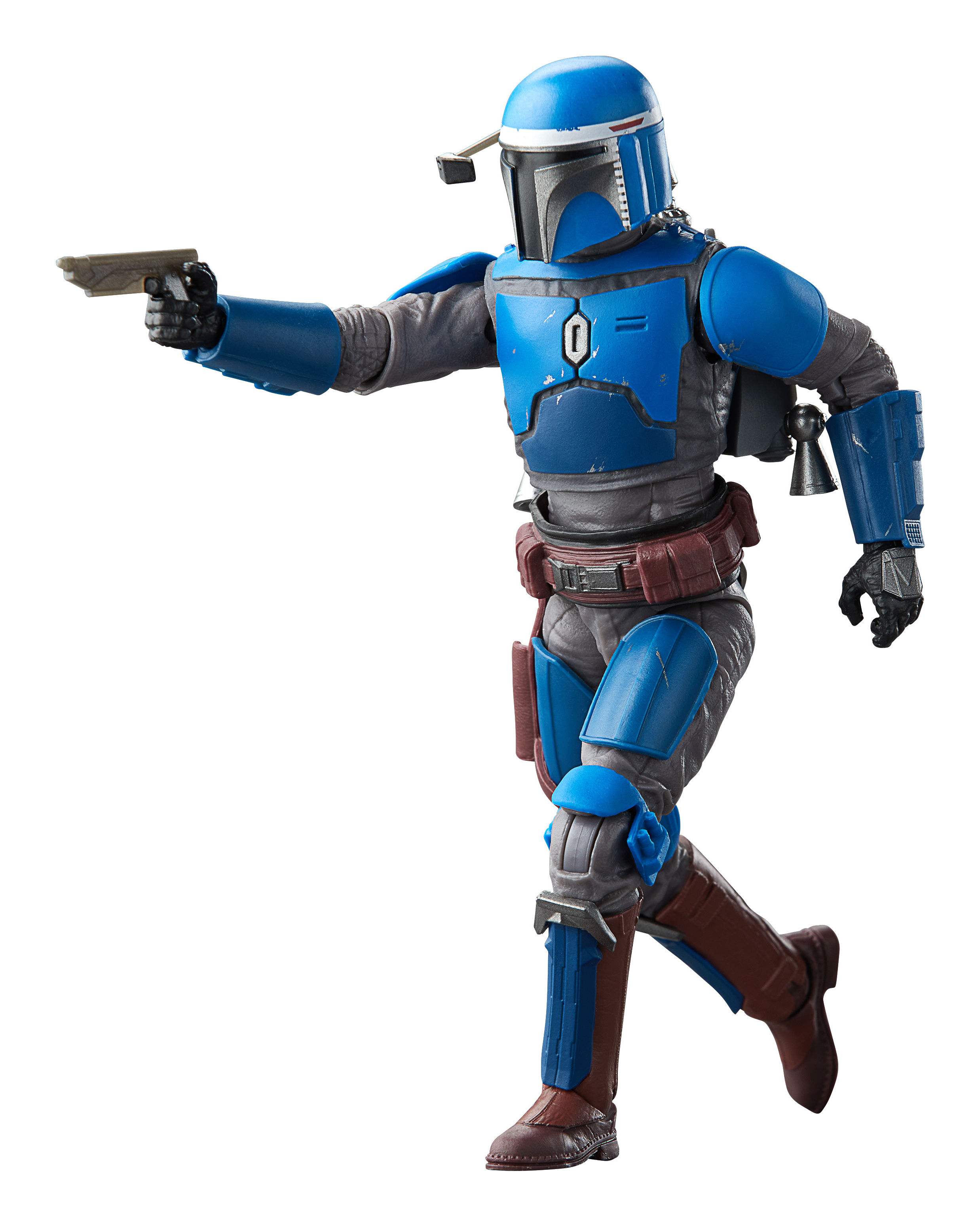 Action figure mandaloriana blu che punta una pistola. Sfondo bianco.