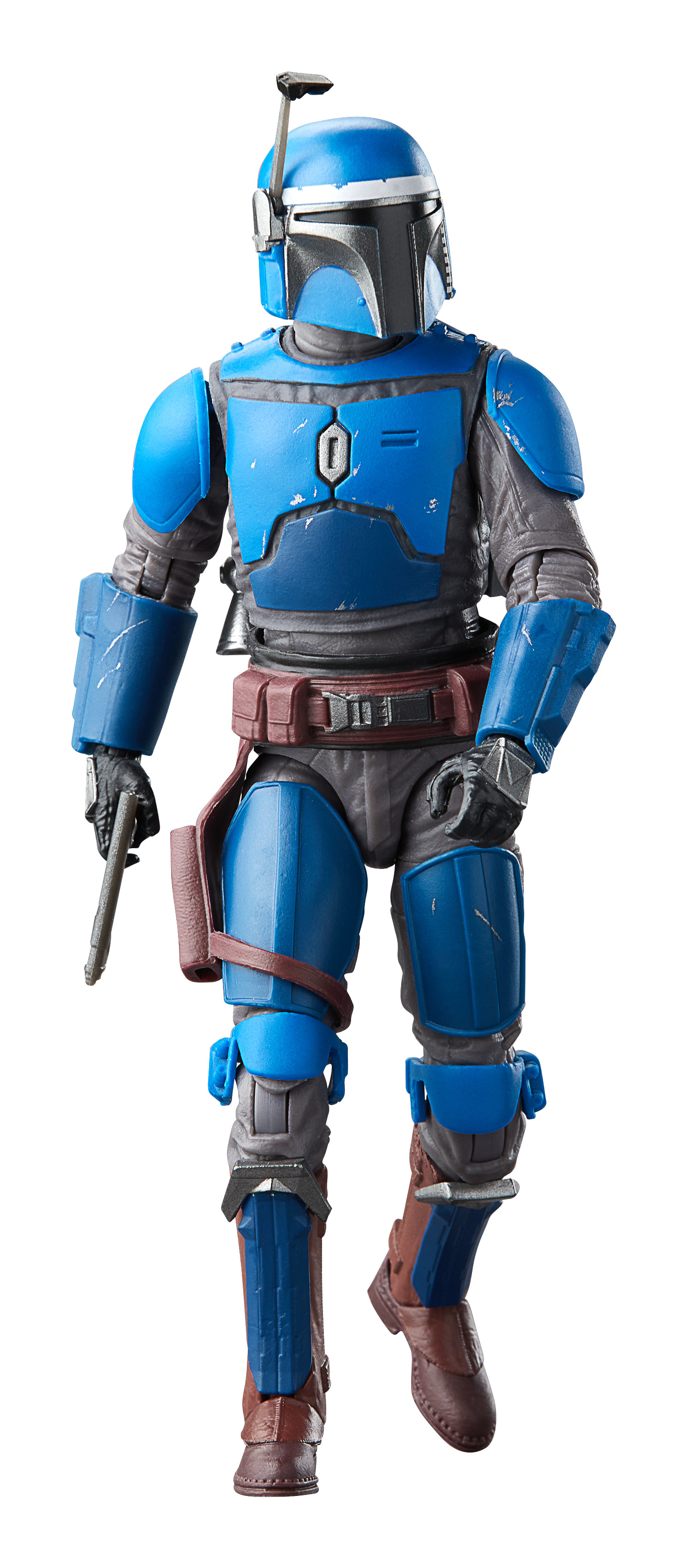 Action figure mandaloriana blu con pistola, in posa dinamica. Sfondo bianco.