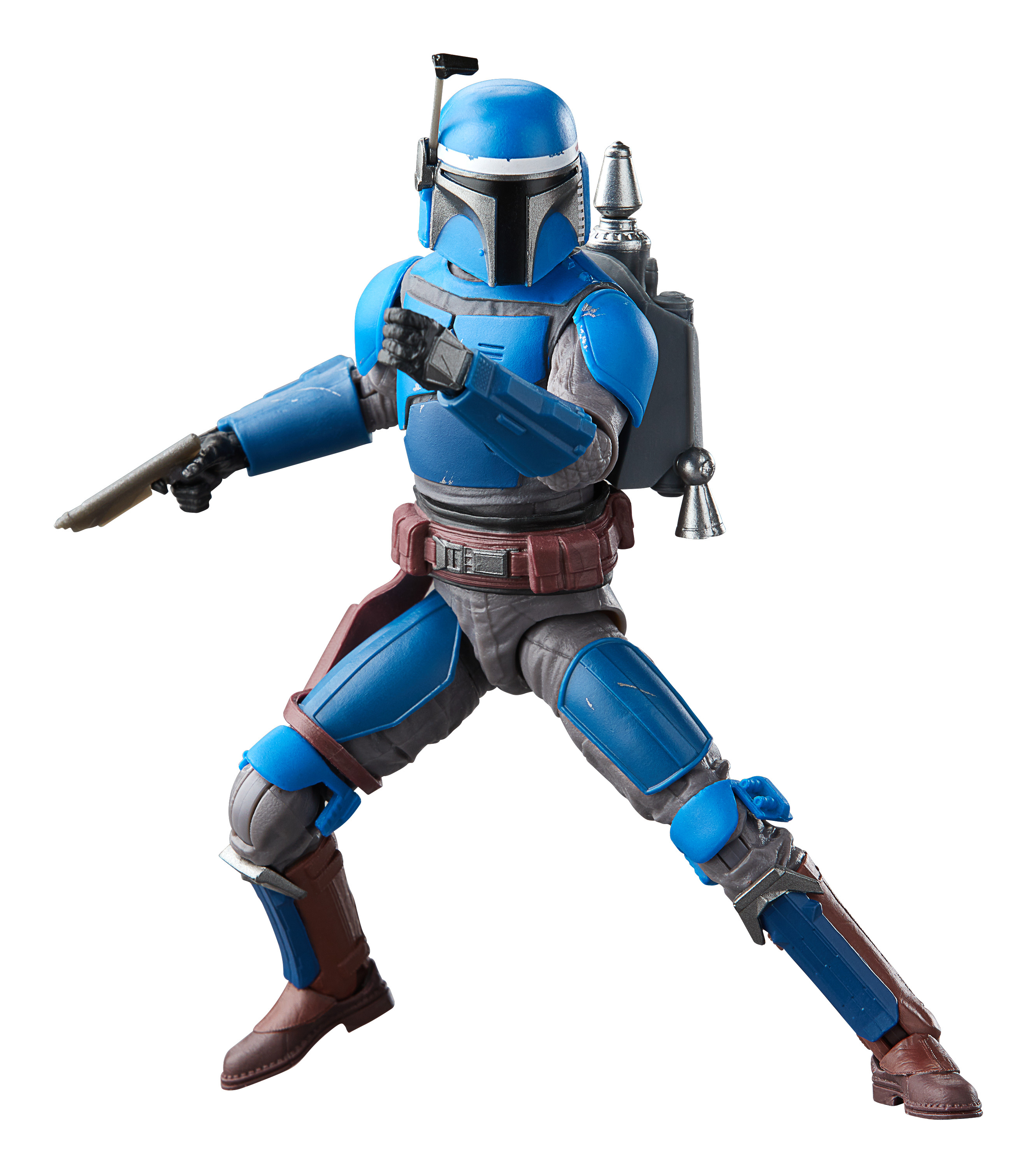 Action figure mandaloriana blu con jetpack e pistola, in posa. Sfondo bianco.