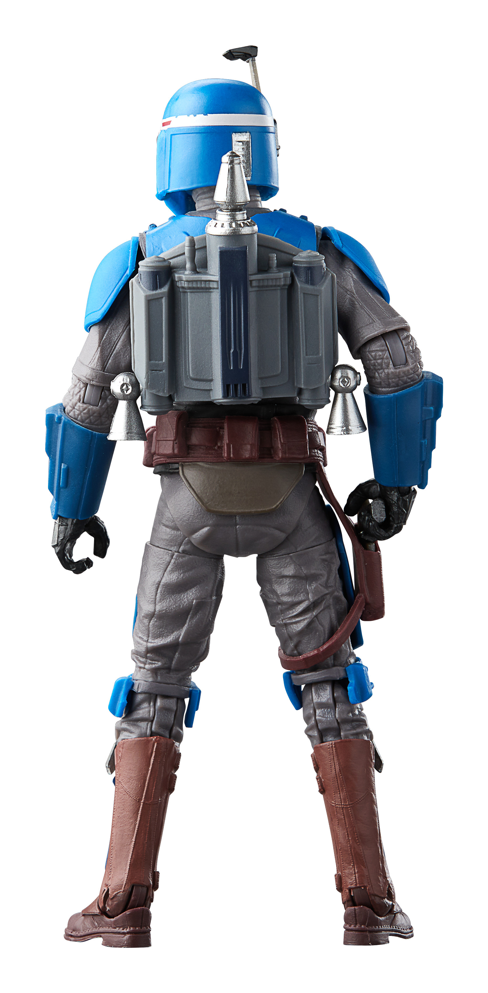 Action figure di Boba Fett, vista posteriore, armatura blu e grigia, jetpack.