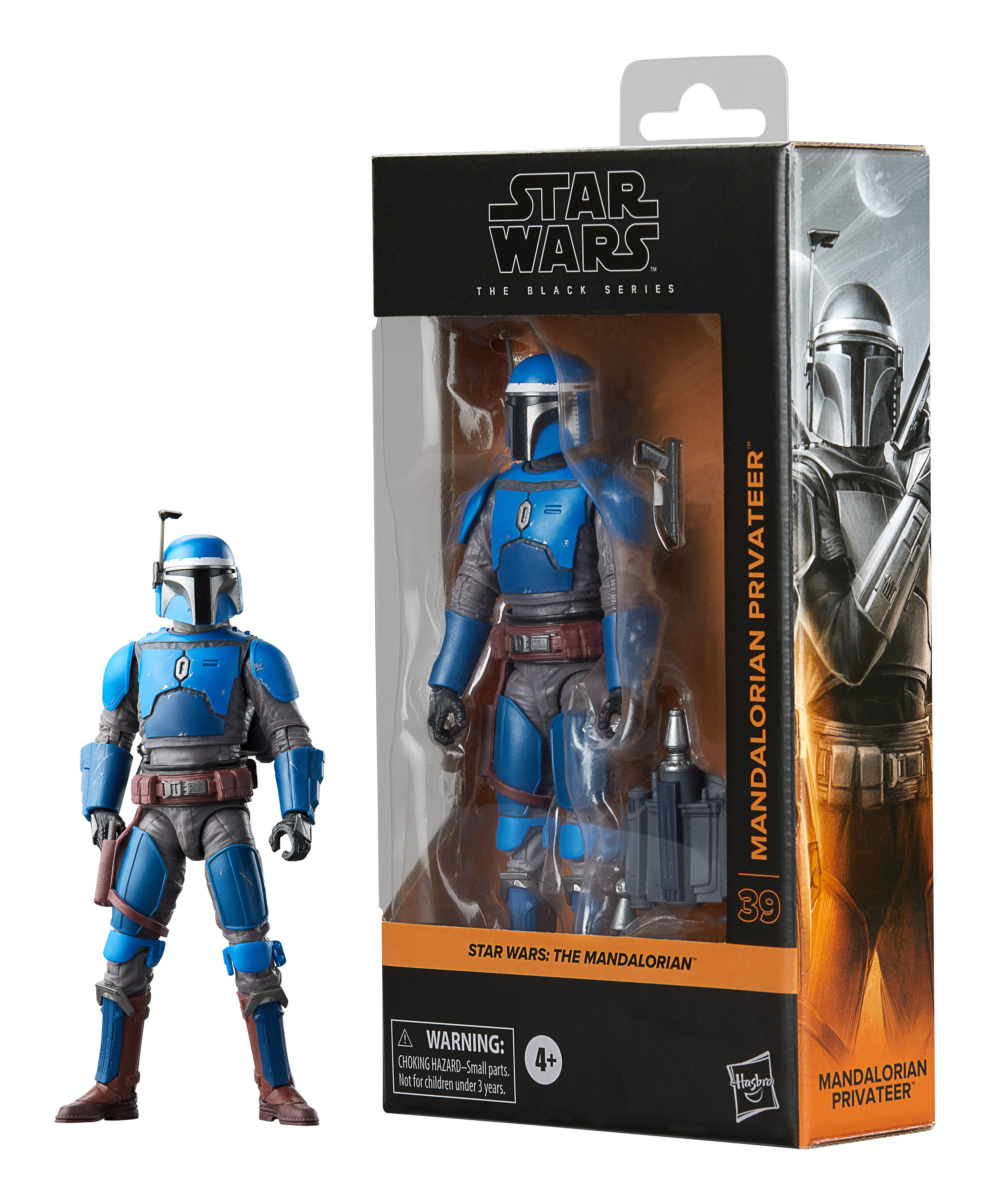 Una figura di Mandalorian Privateer in una scatola e un'altra figura in piedi alla sua sinistra. Sfondo bianco.