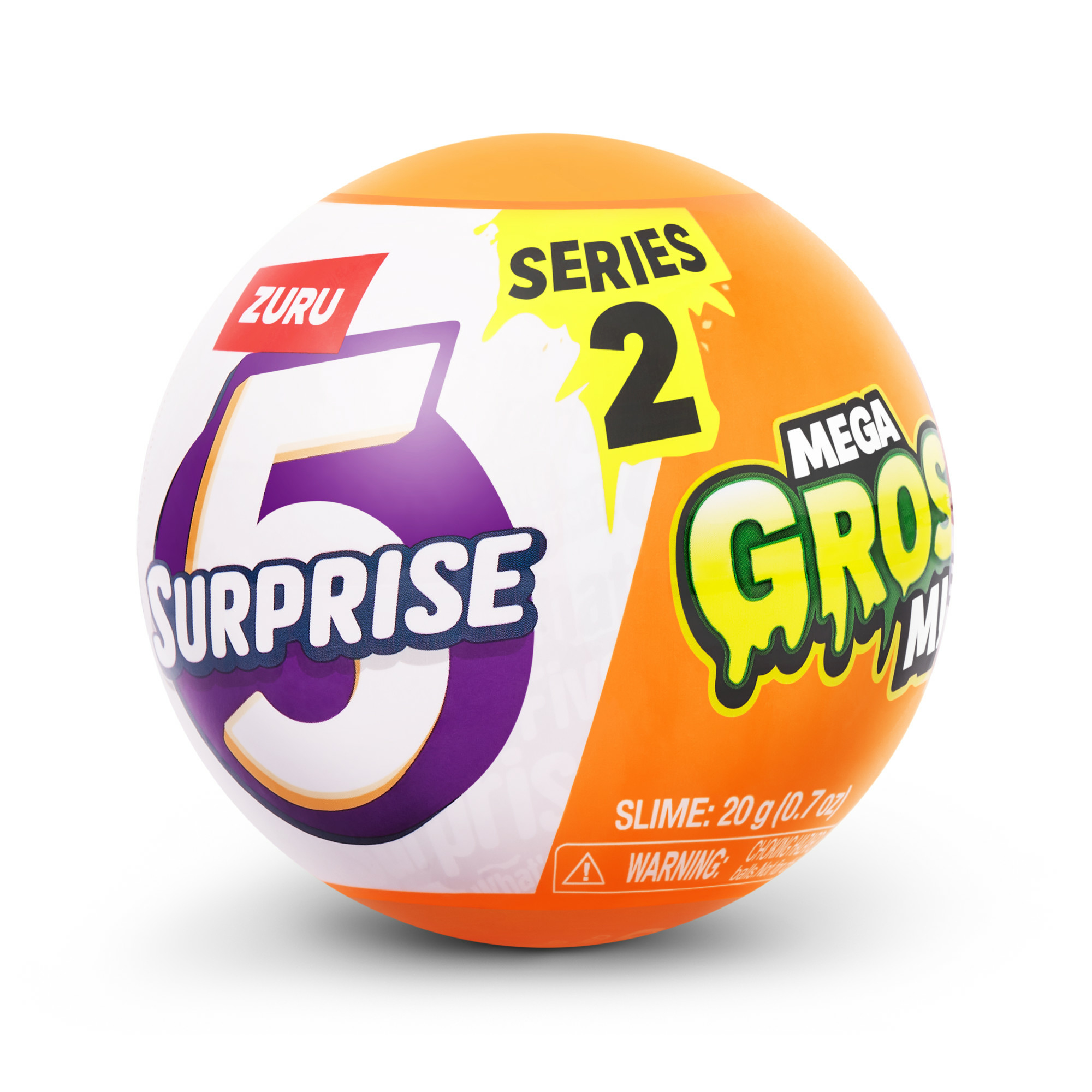 Eine runde Kugel aus Orange und Weiß mit den Worten '5 SURPRISE' und 'MEGA GROSS MINIS'.