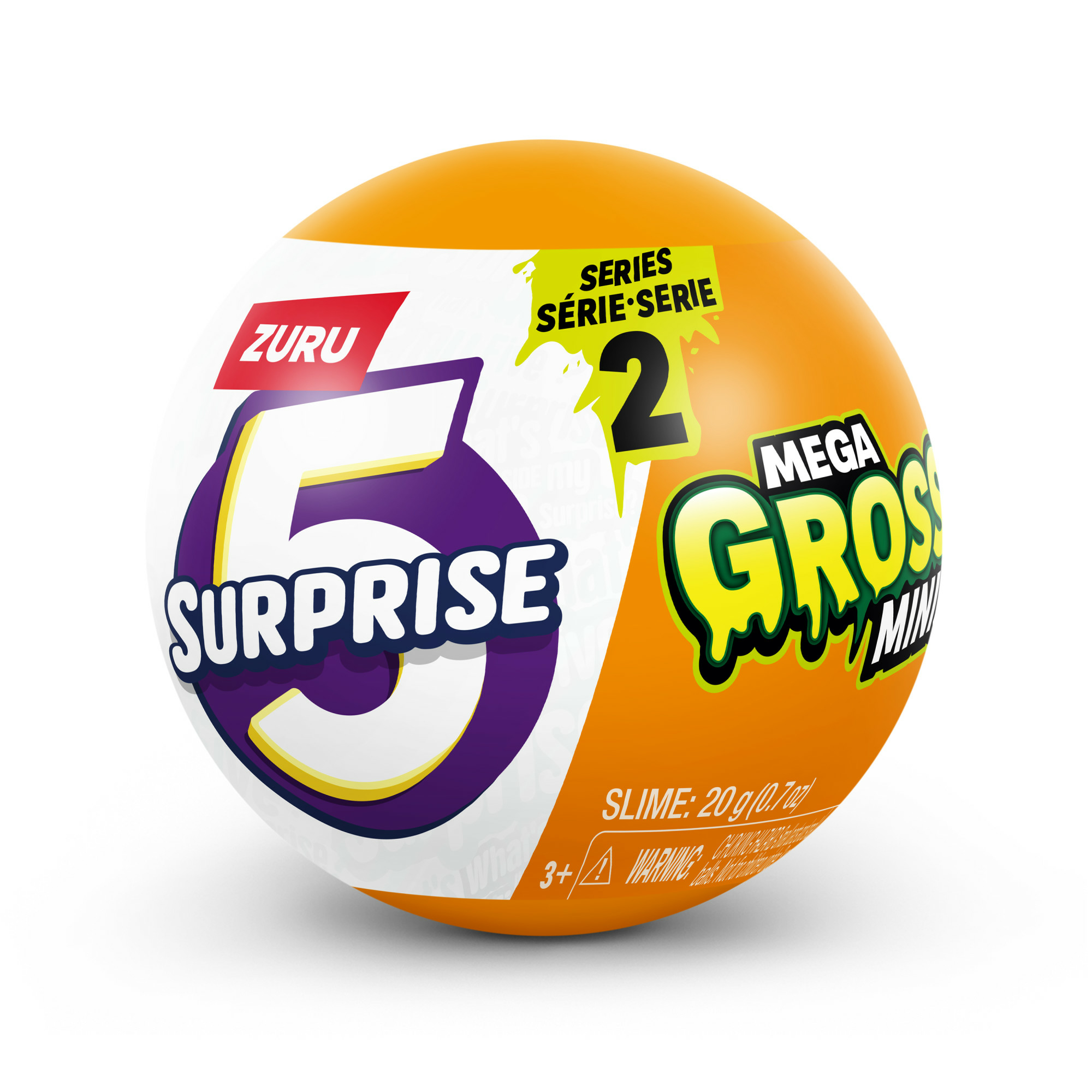 Ein orangefarbener Ball mit den Aufschriften '5 SURPRISE' und 'MEGA GROSS'.