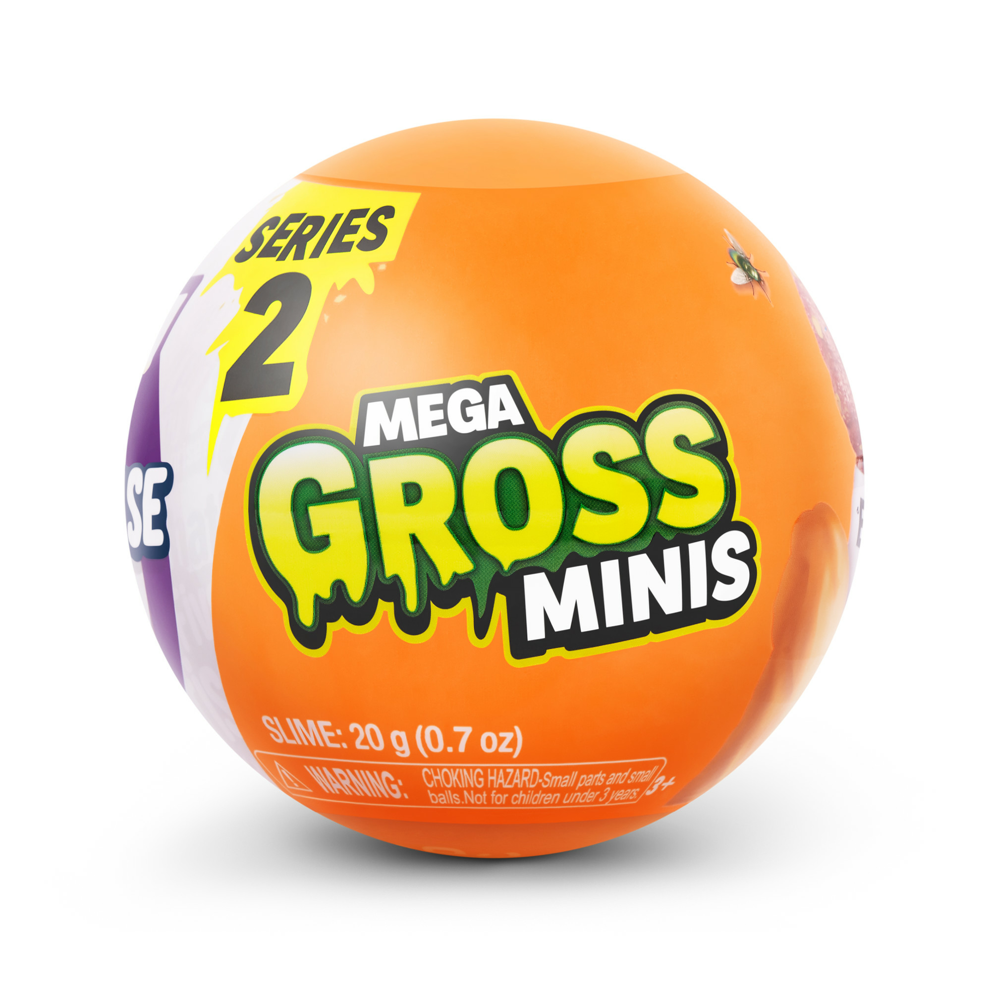 Oranger Kugelspielzeug, 'Mega Gross Minis' Serie 2. Enthält Schleim und Warnhinweise.