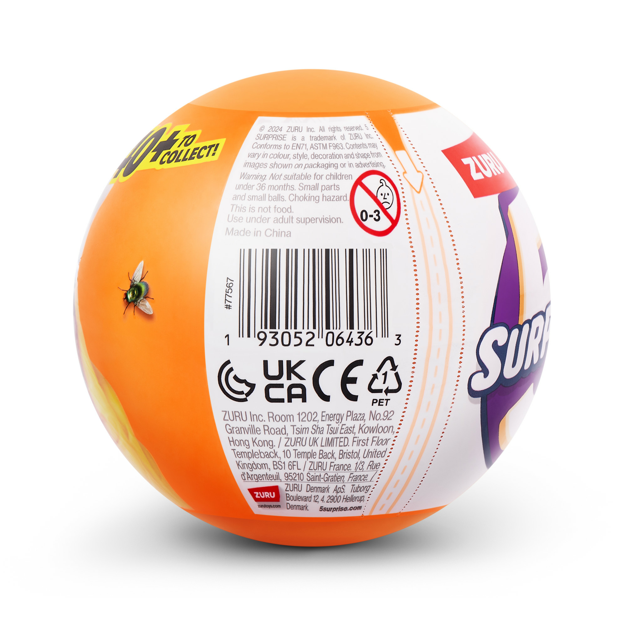 Oranger Ball mit Text und einem kleinen grünen Insekt, mit Warnhinweisen.