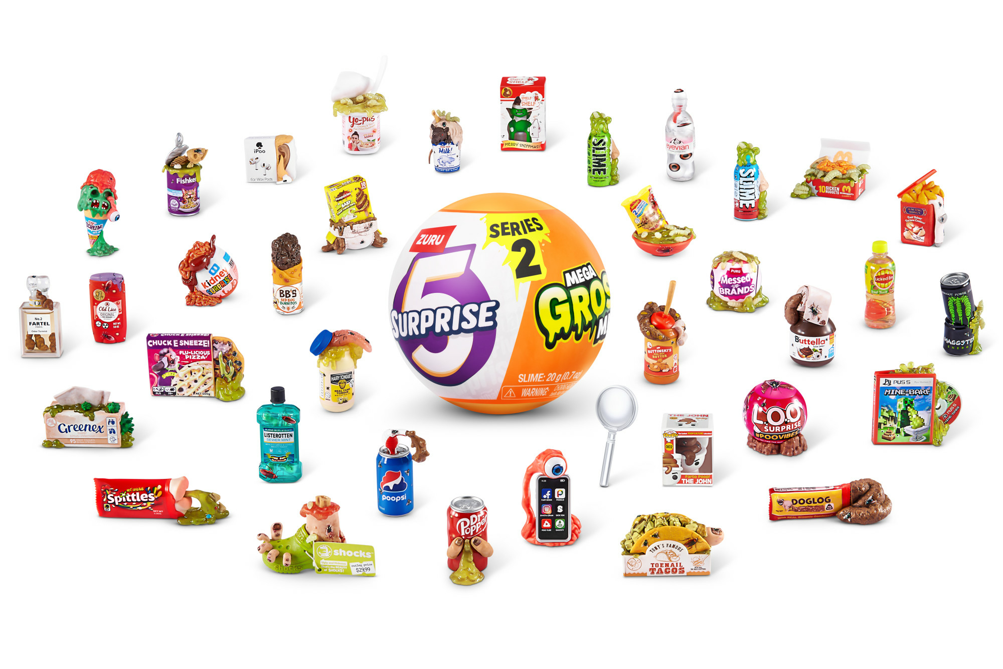 Eine Sammlung von Miniatur-Food-Spielzeugen aus der 5 Surprise Mini Brands Serie 2, angeordnet auf einer weißen Oberfläche.