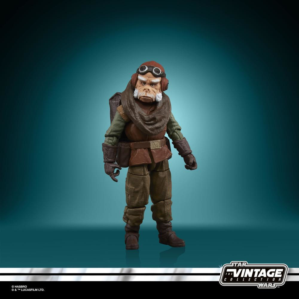 Una figura di Star Wars con occhiali, zaino e arma, ferma in posa.