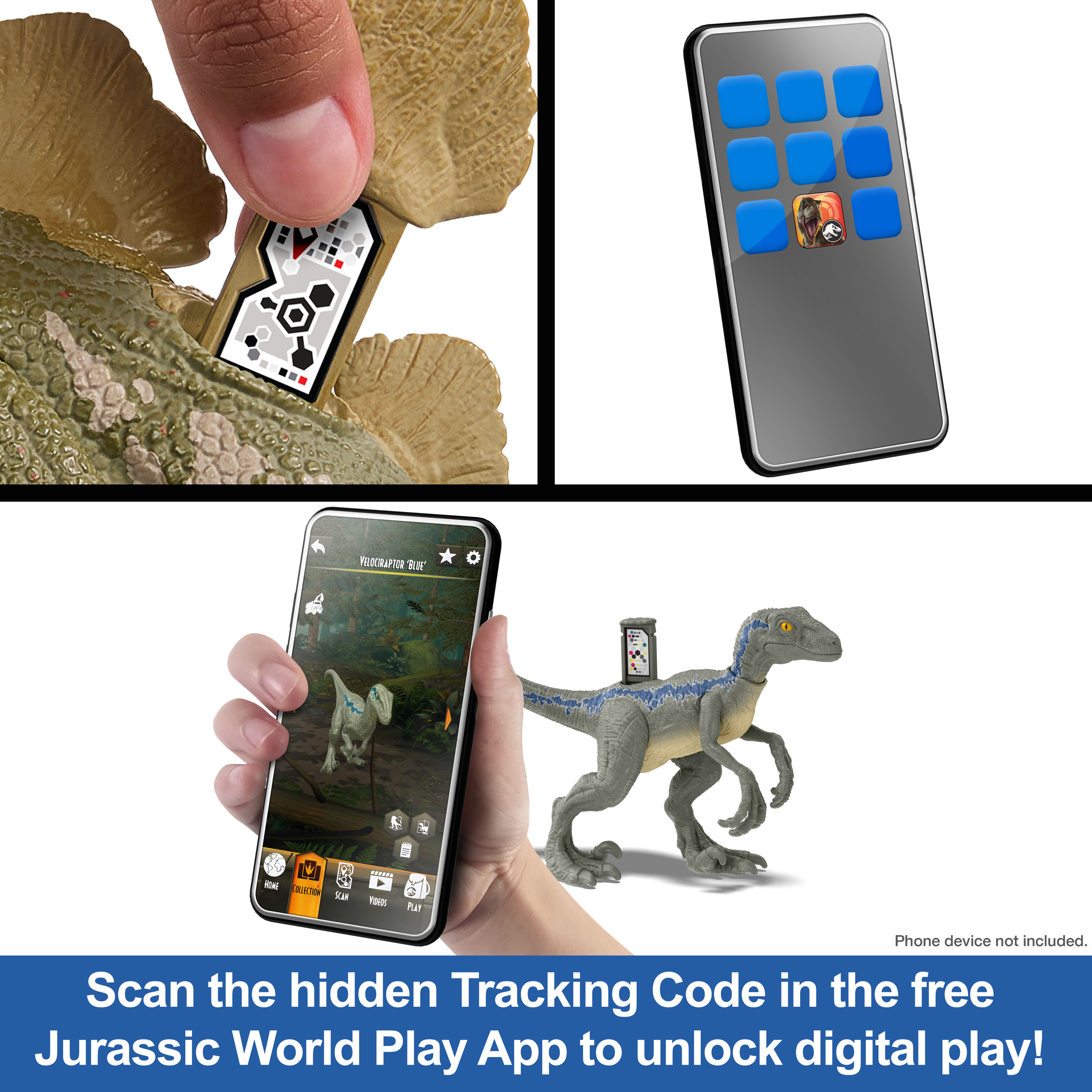 La imagen muestra una aplicación en un teléfono escaneando el código de seguimiento de un juguete de dinosaurio.