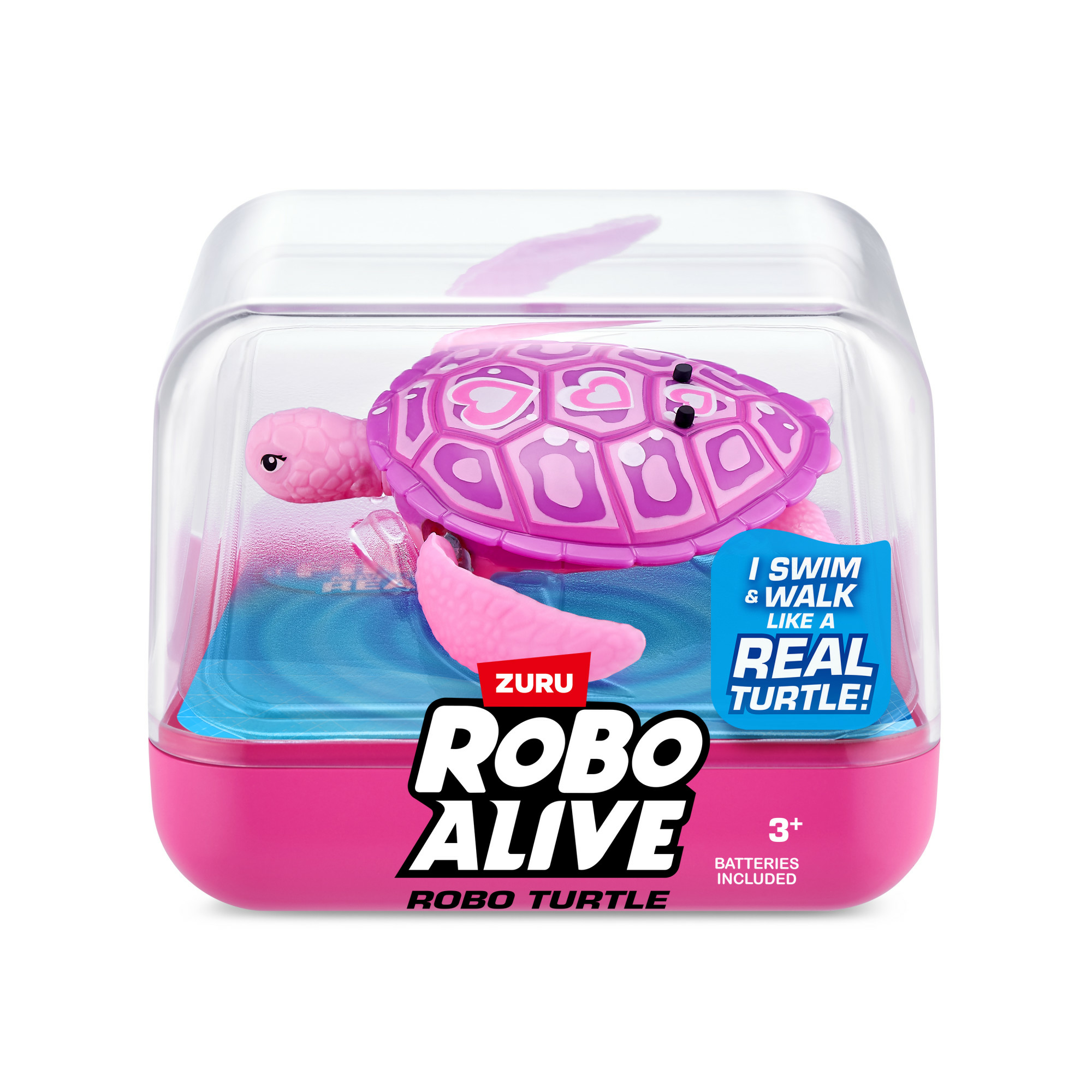 Un giocattolo di tartaruga Robo Alive rosa in un contenitore trasparente. La tartaruga è rosa e ha dettagli rosa.