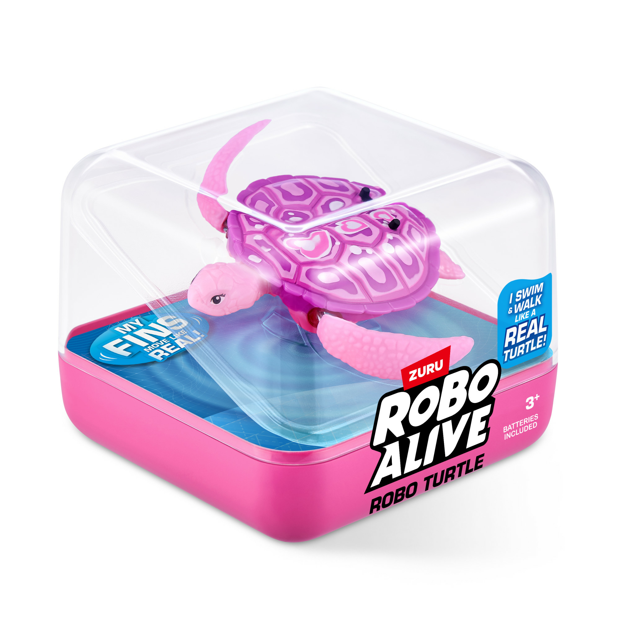 Un giocattolo ZURU Robo Alive Robo Tartaruga nella sua confezione. La tartaruga è rosa e in un contenitore blu.