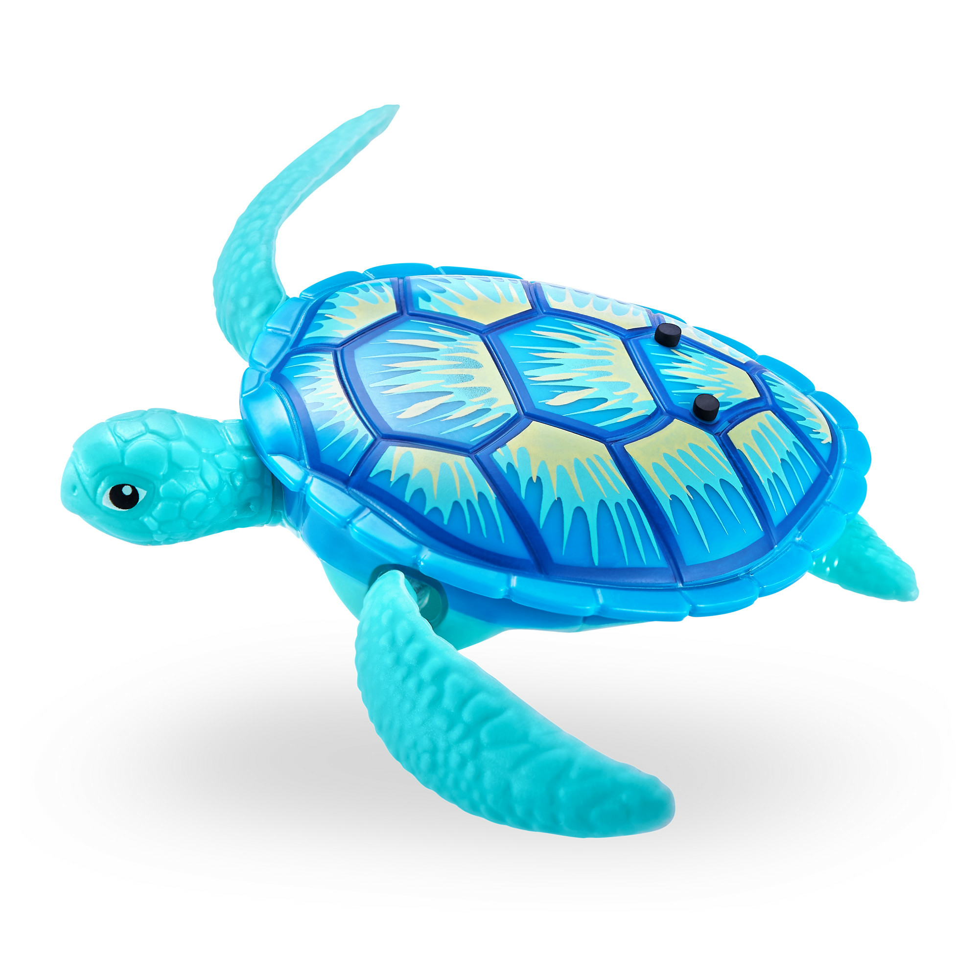 Un giocattolo a forma di tartaruga Robo Alive blu che nuota in un contenitore blu simile all'acqua, con sfondo bianco.