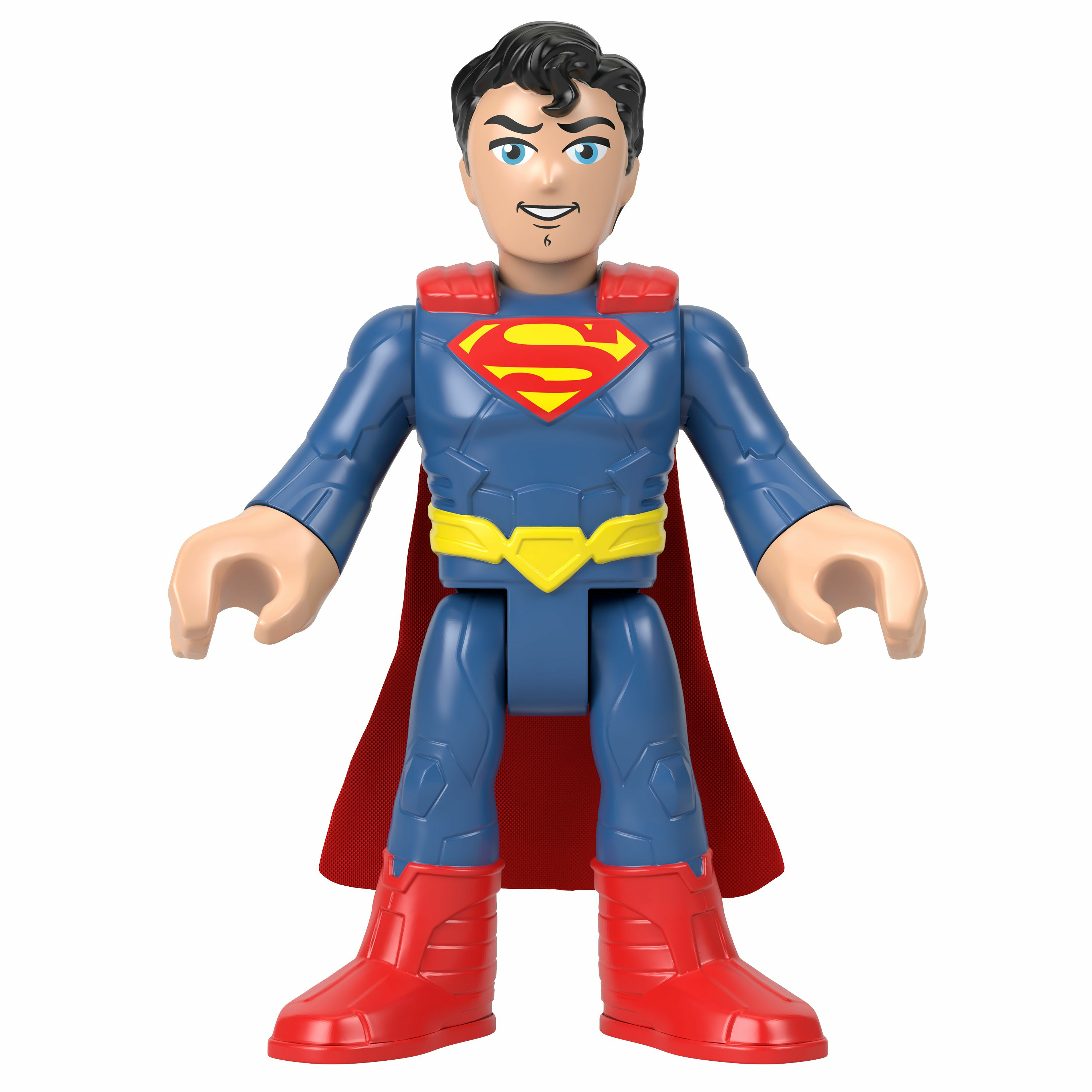 Figurka Supermana, niebieski strój z czerwoną peleryną. Żółty pas i buty. Białe tło.