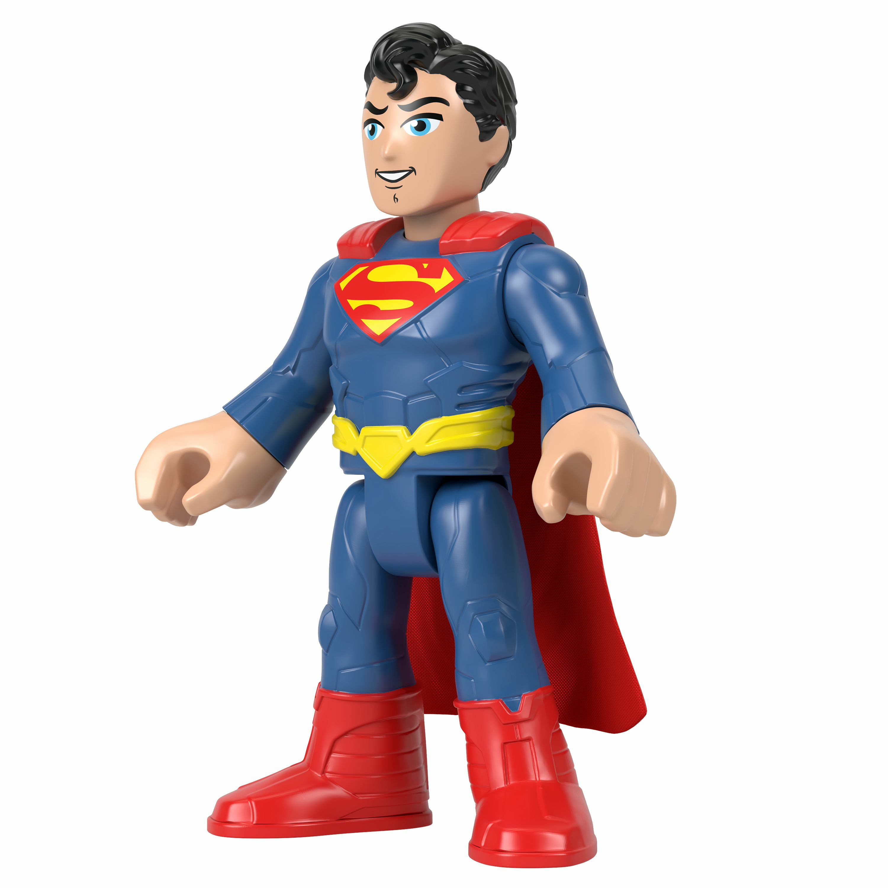 Figurka Supermana w niebieskim stroju z czerwoną peleryną, żółtym paskiem i czerwonymi butami. Białe tło.