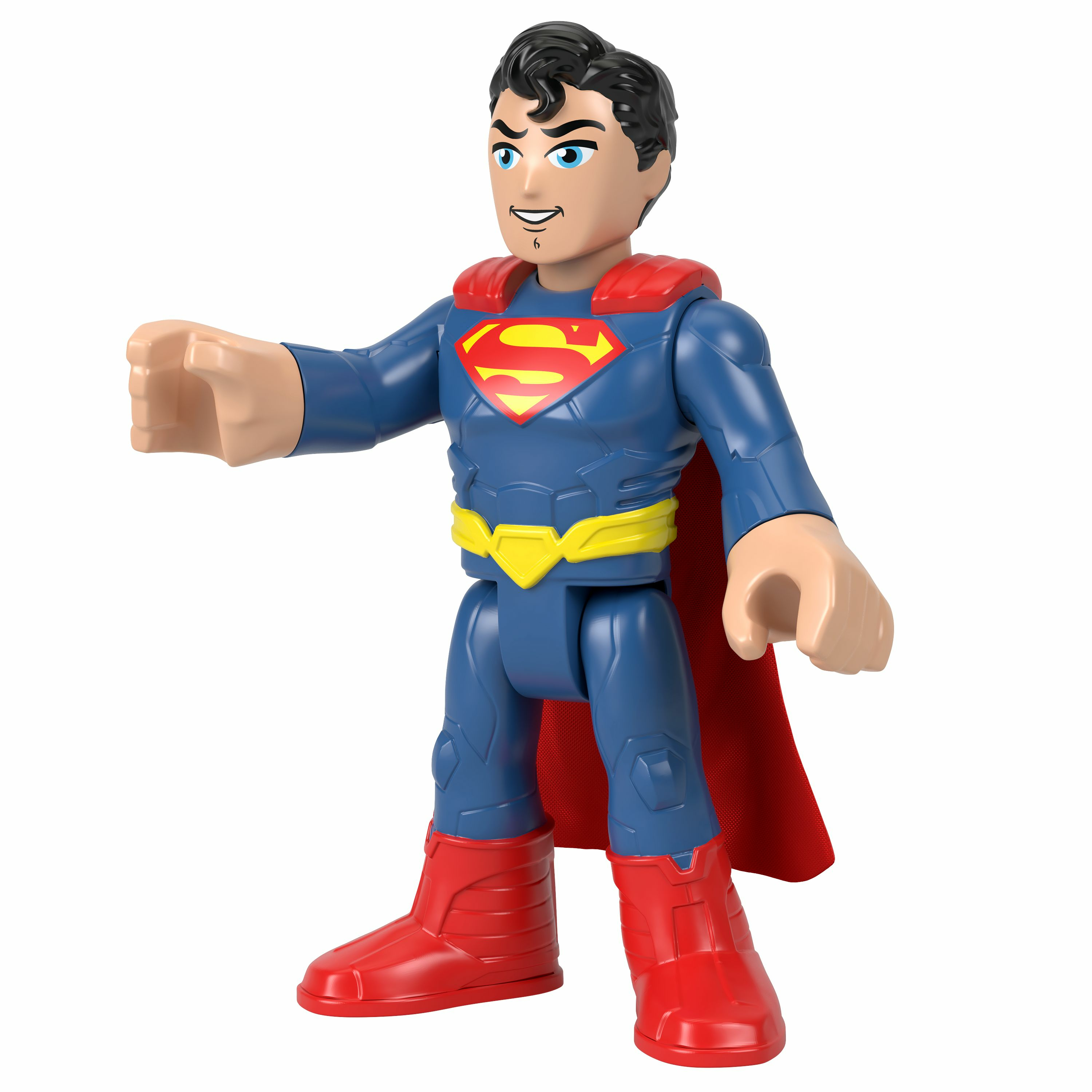 Figurka Supermana. Niebieski kostium, czerwona peleryna i buty. Wskazuje w prawo.