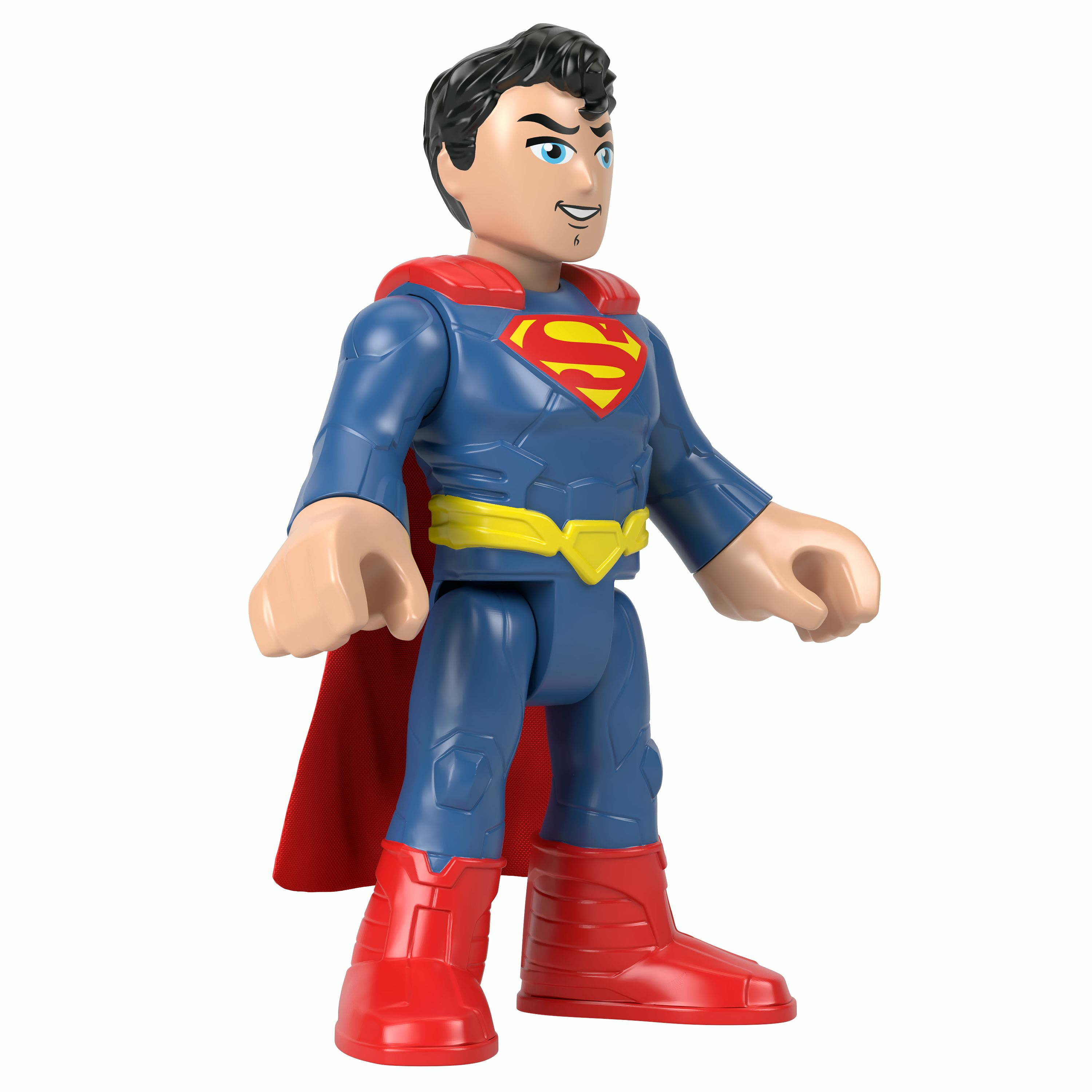 Figurka Supermana. Widok z profilu, niebieski kostium, czerwona peleryna i buty. Uśmiechnięta twarz.