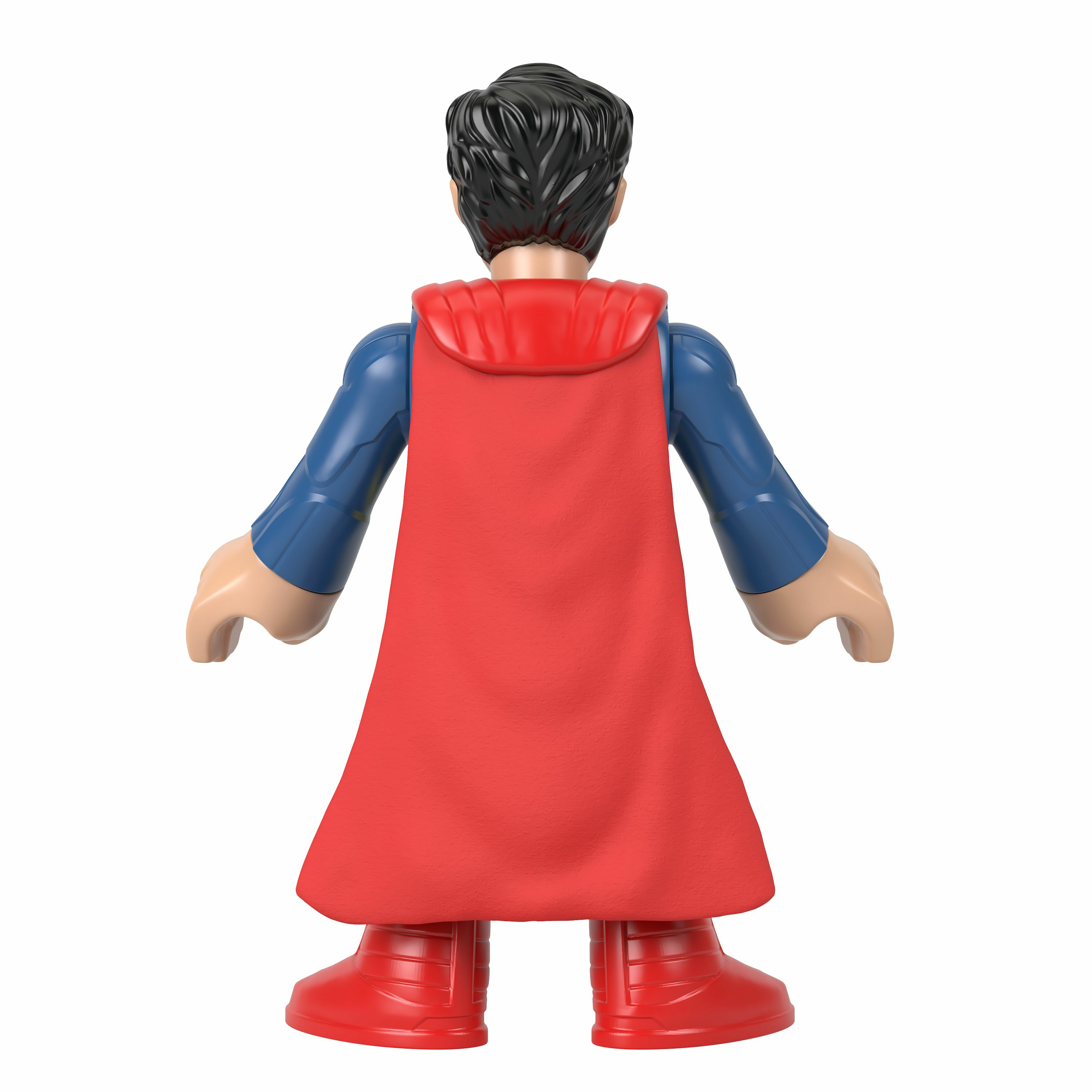 Figurka Supermana z tyłu, czerwona peleryna, niebieski strój, czerwone buty. Białe tło.